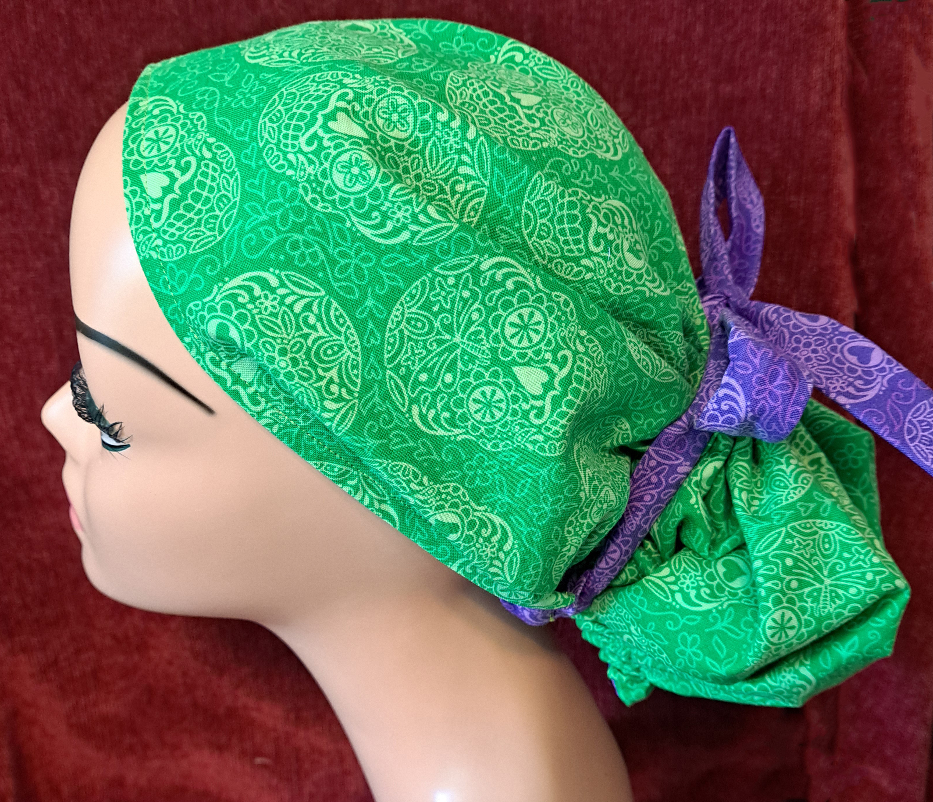 Handmade Reversible Pony Tail Scrub Cap - Turquoise Sugar Skull Fabric Reverses to Green Sugar Skull Fabric