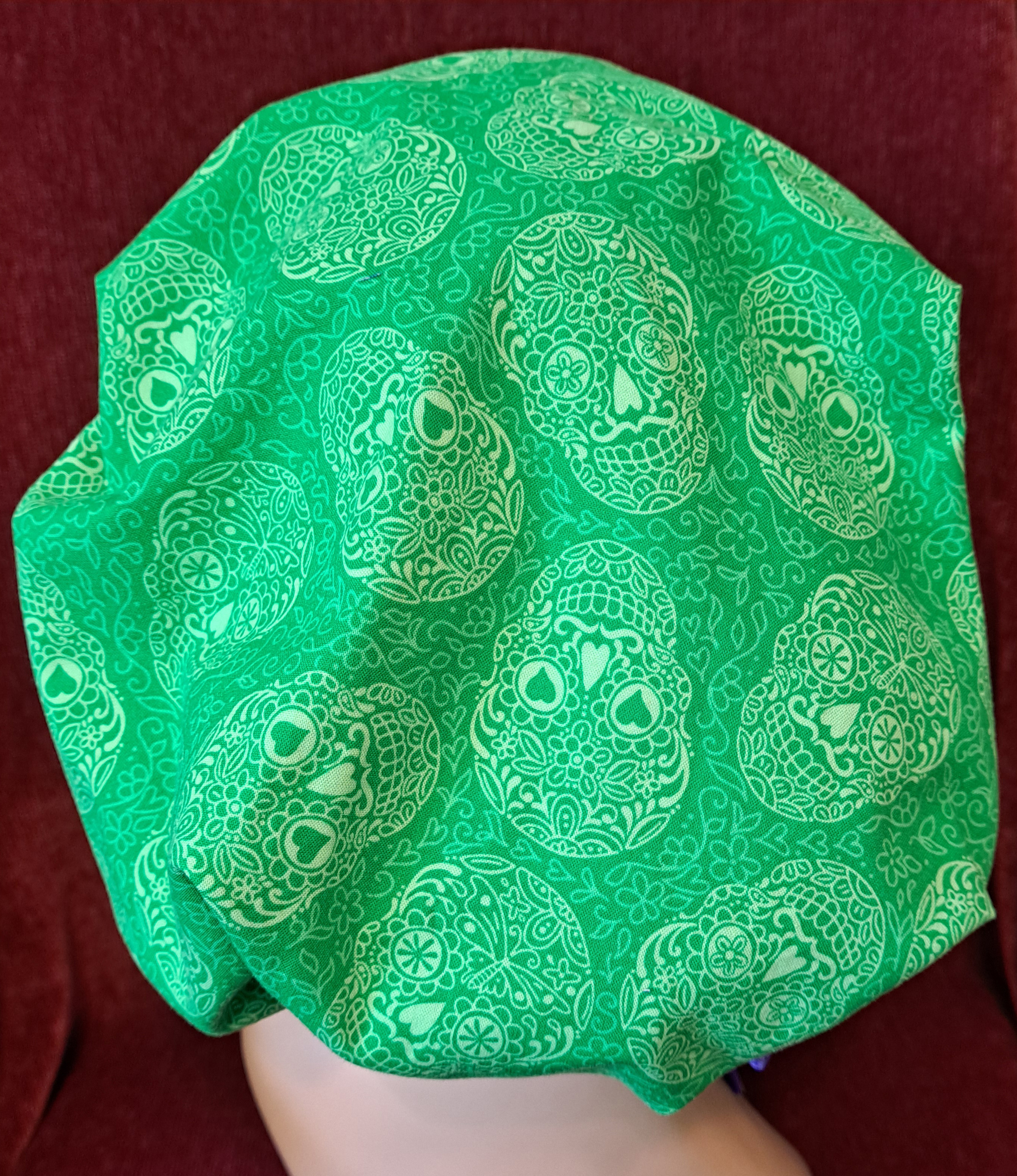 Handmade Reversible Pony Tail Scrub Cap - Turquoise Sugar Skull Fabric Reverses to Green Sugar Skull Fabric