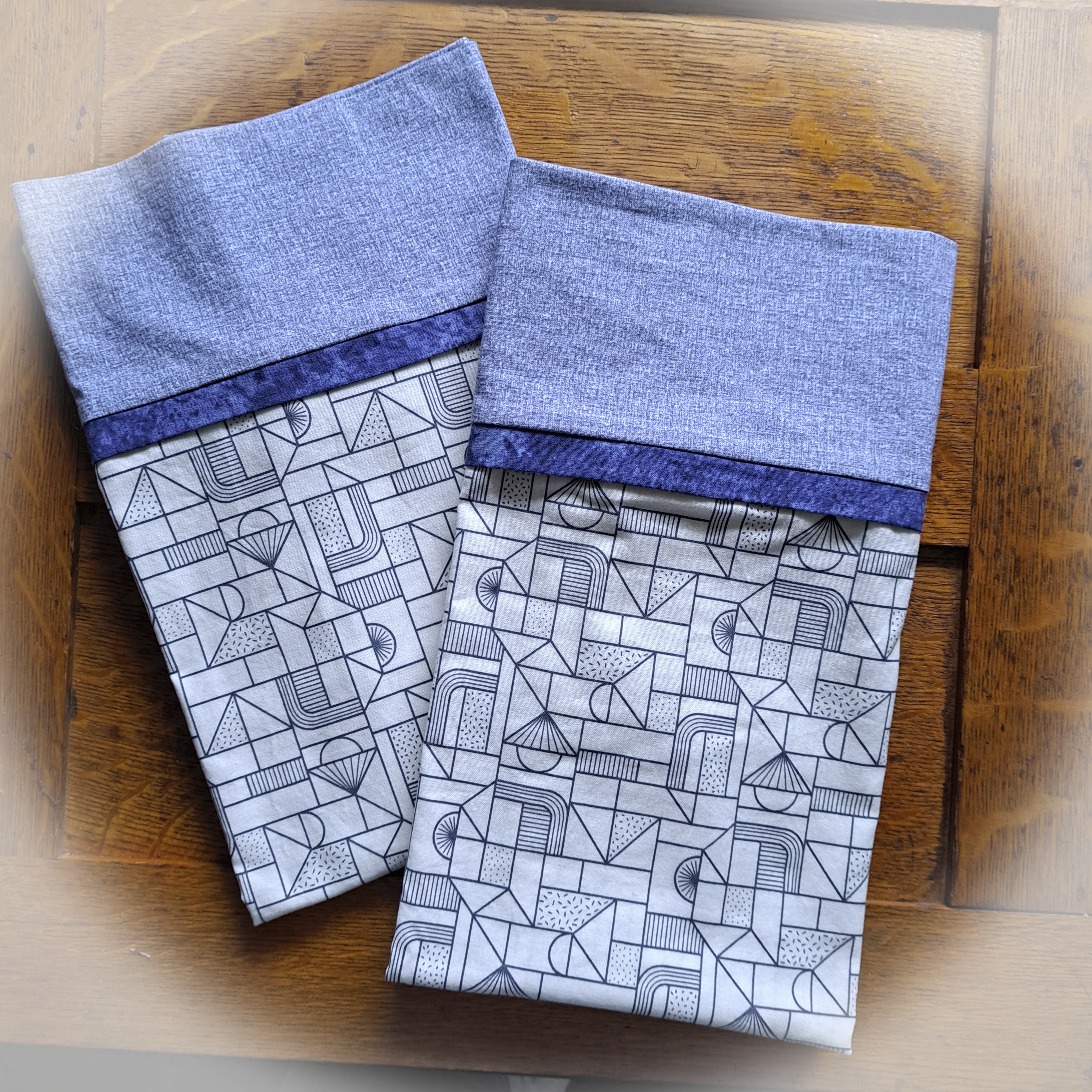Handmade Cotton Pillowcases - Blue Geometric Fabric - Set of 2