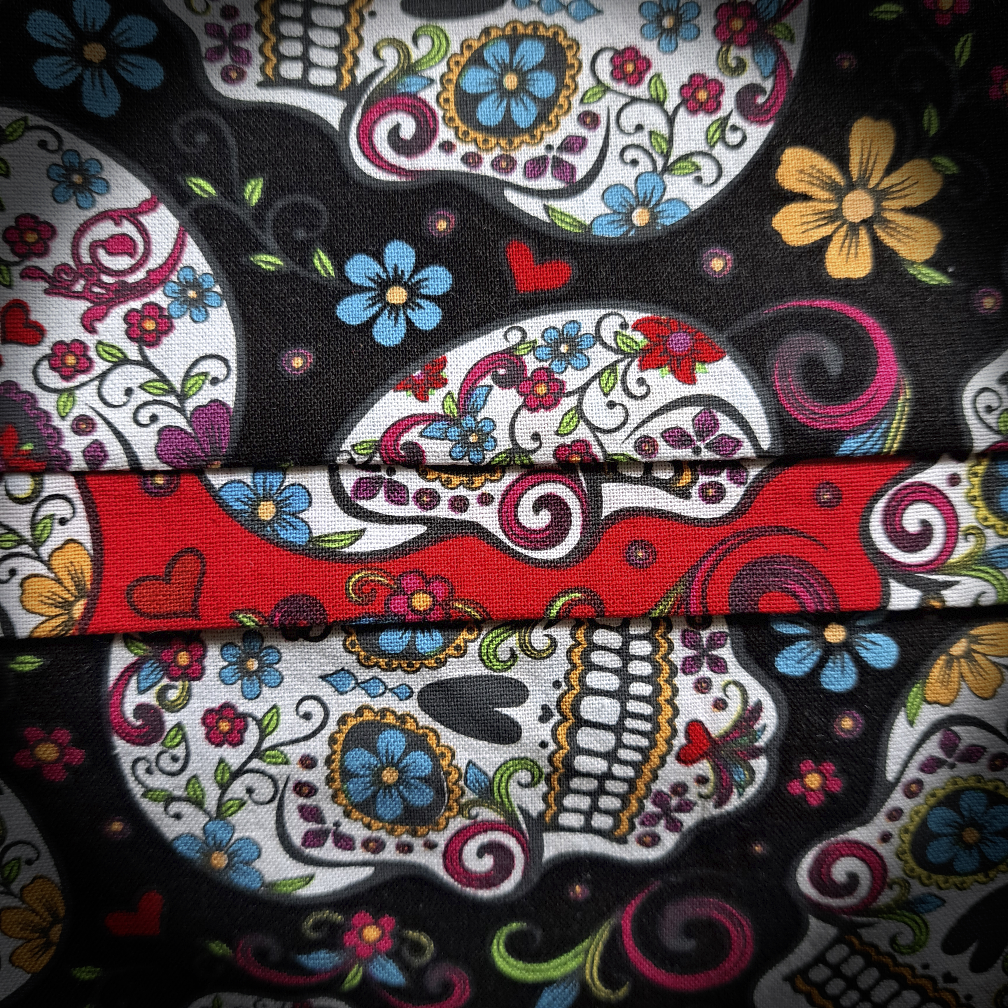 Handmade 100% Cotton Pillowcases - Black and Red Sugar Skulls Fabric - Set of 2