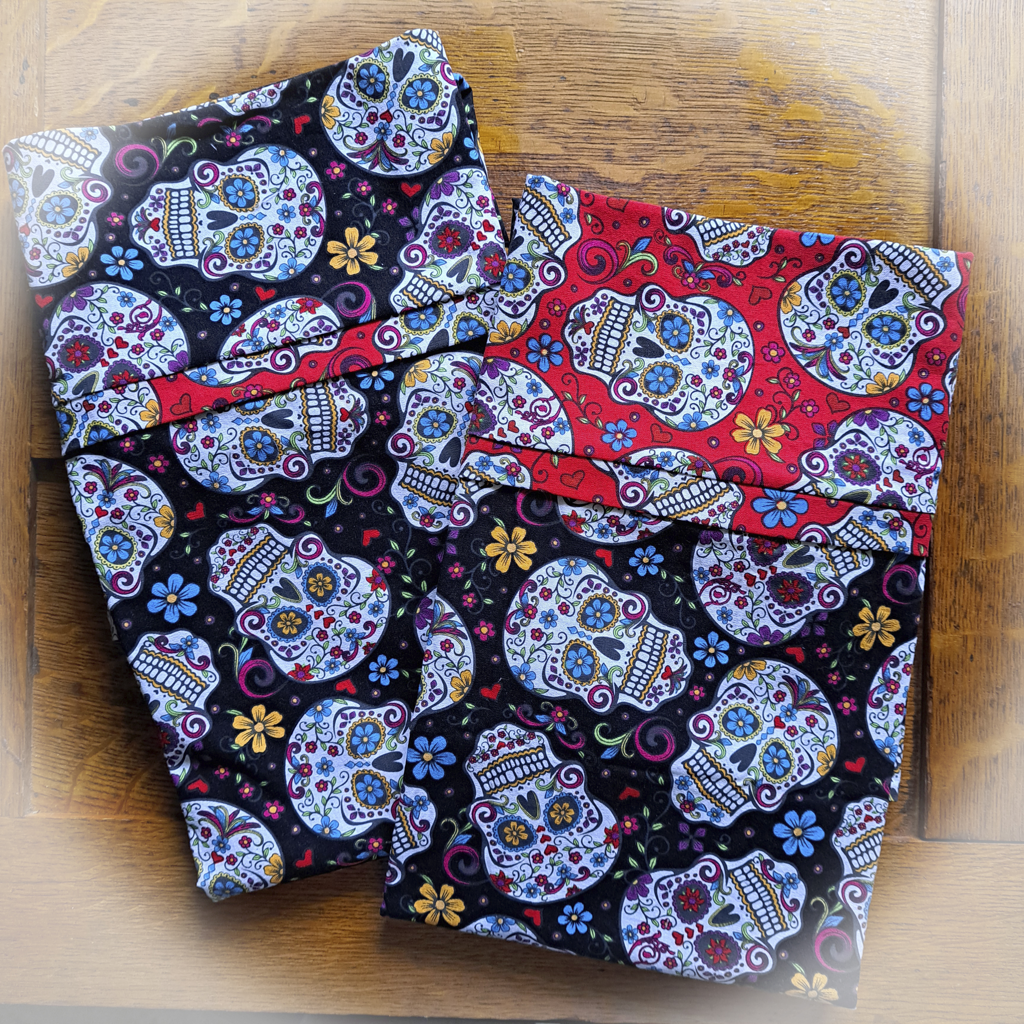 Handmade 100% Cotton Pillowcases - Black and Red Sugar Skulls Fabric - Set of 2
