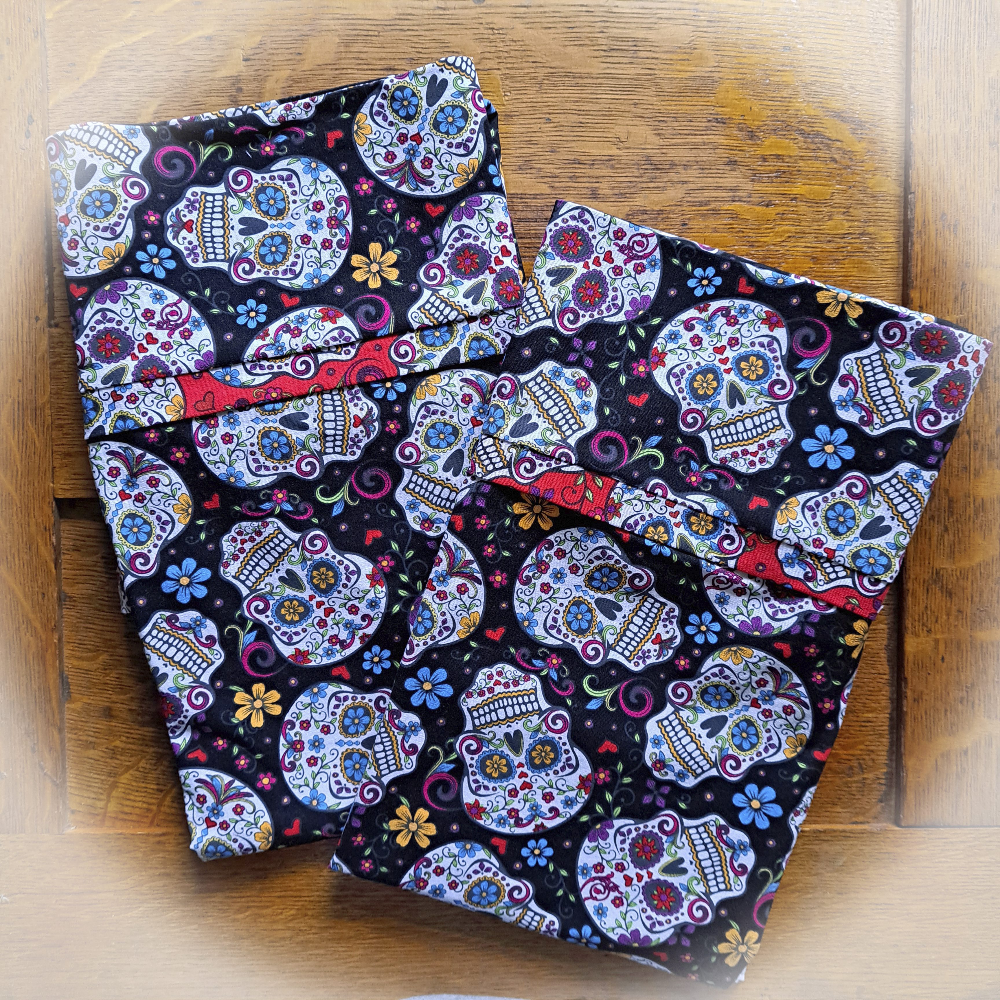 Handmade 100% Cotton Pillowcases - Black and Red Sugar Skulls Fabric - Set of 2