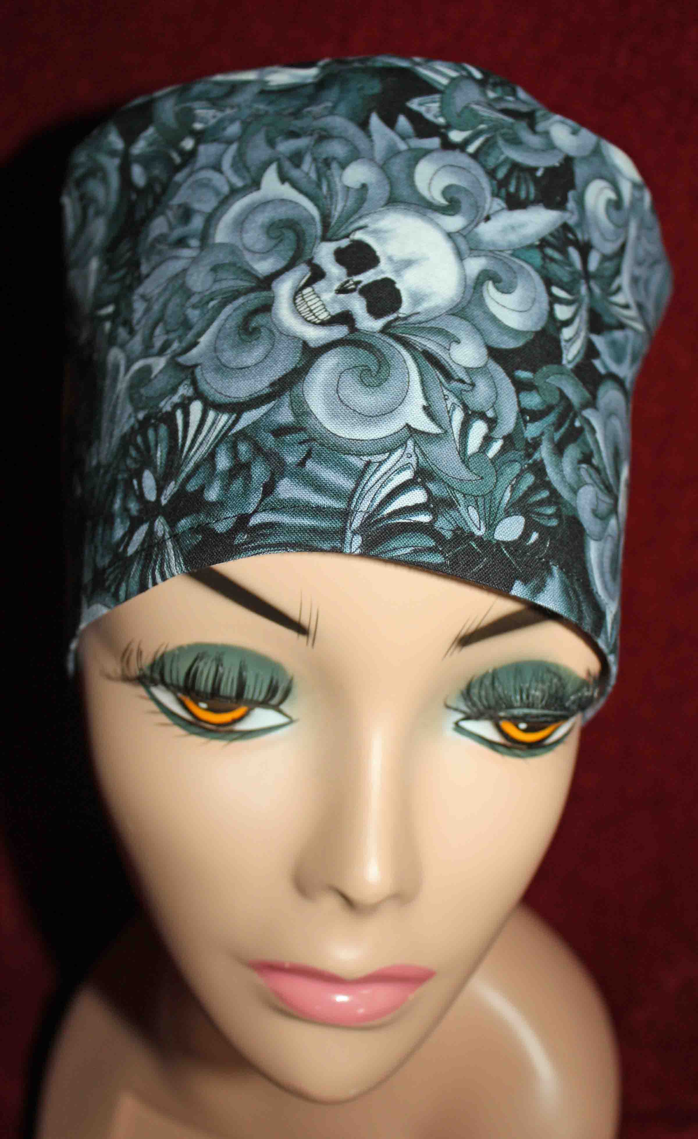 Handmade Gray Skulls and Swirls Surgical/Scrub Cap