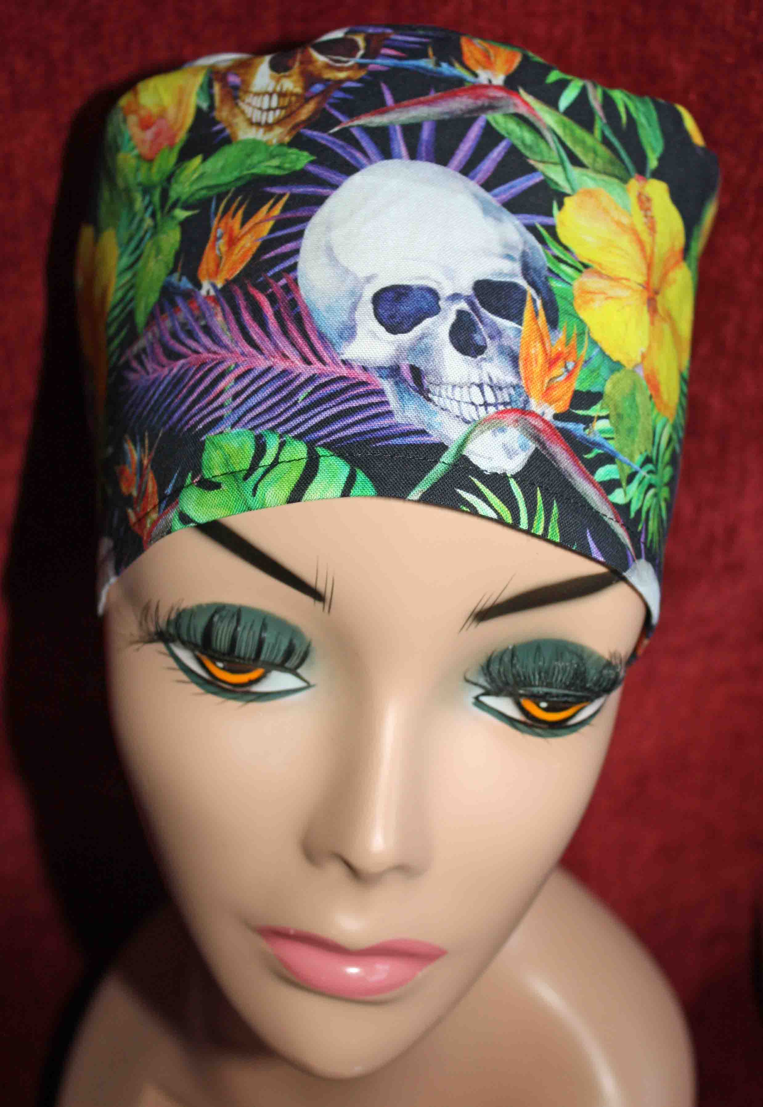 Handmade Hawaiian Flowers and Skulls Surgical/Scrub Cap