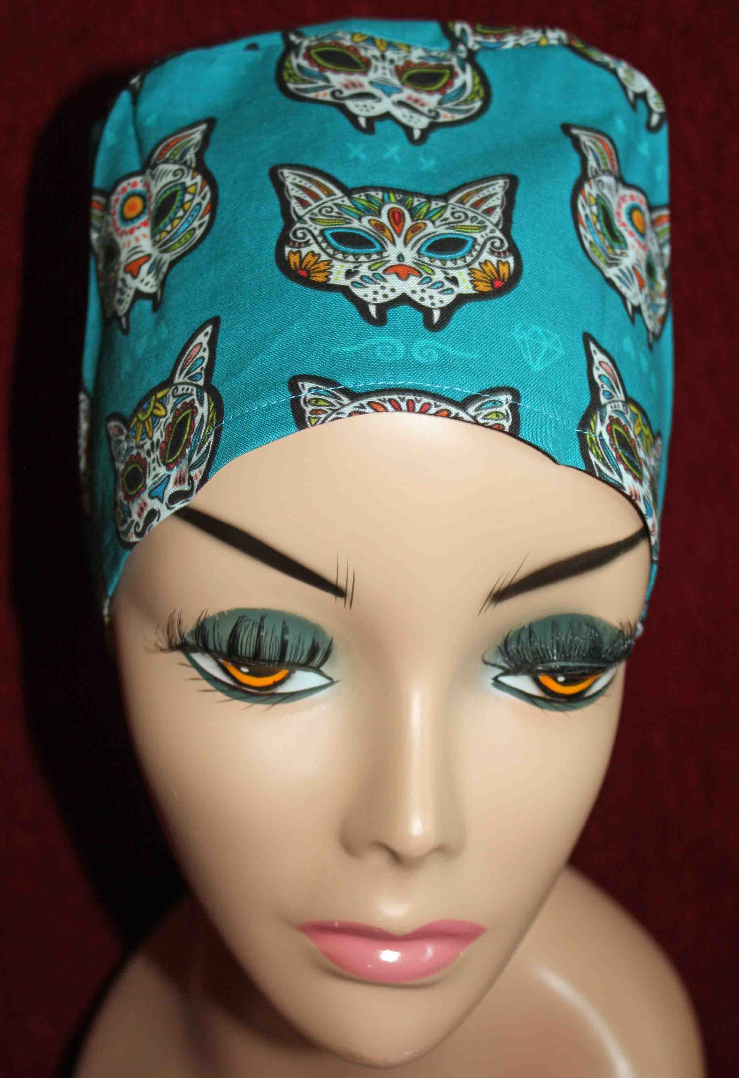 Handmade Turquoise Cats Surgical/Scrub Cap
