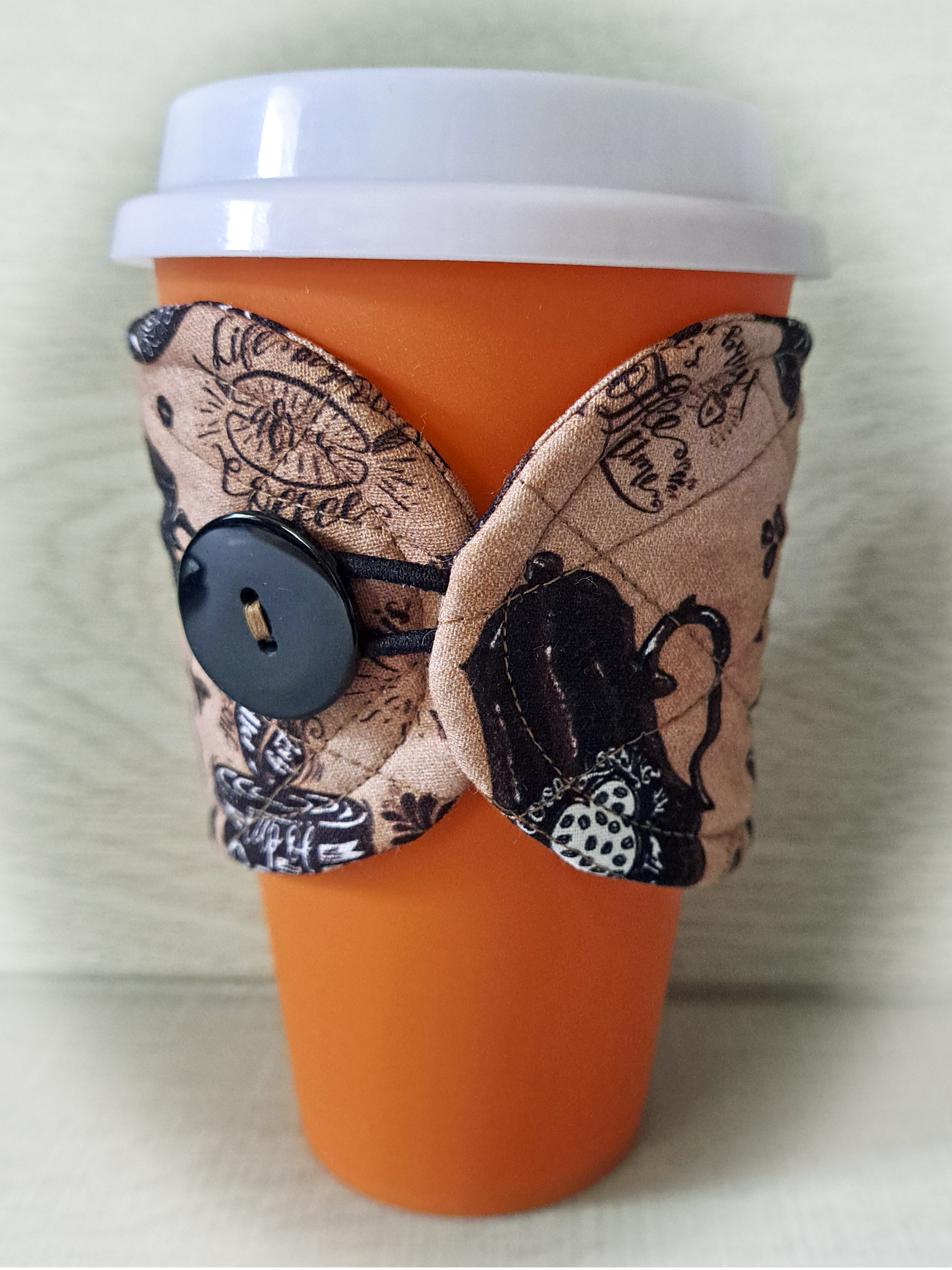 Handmade Reusable Cup Sleeve/Mug Cozy in a Vintage Coffee Print Fabric