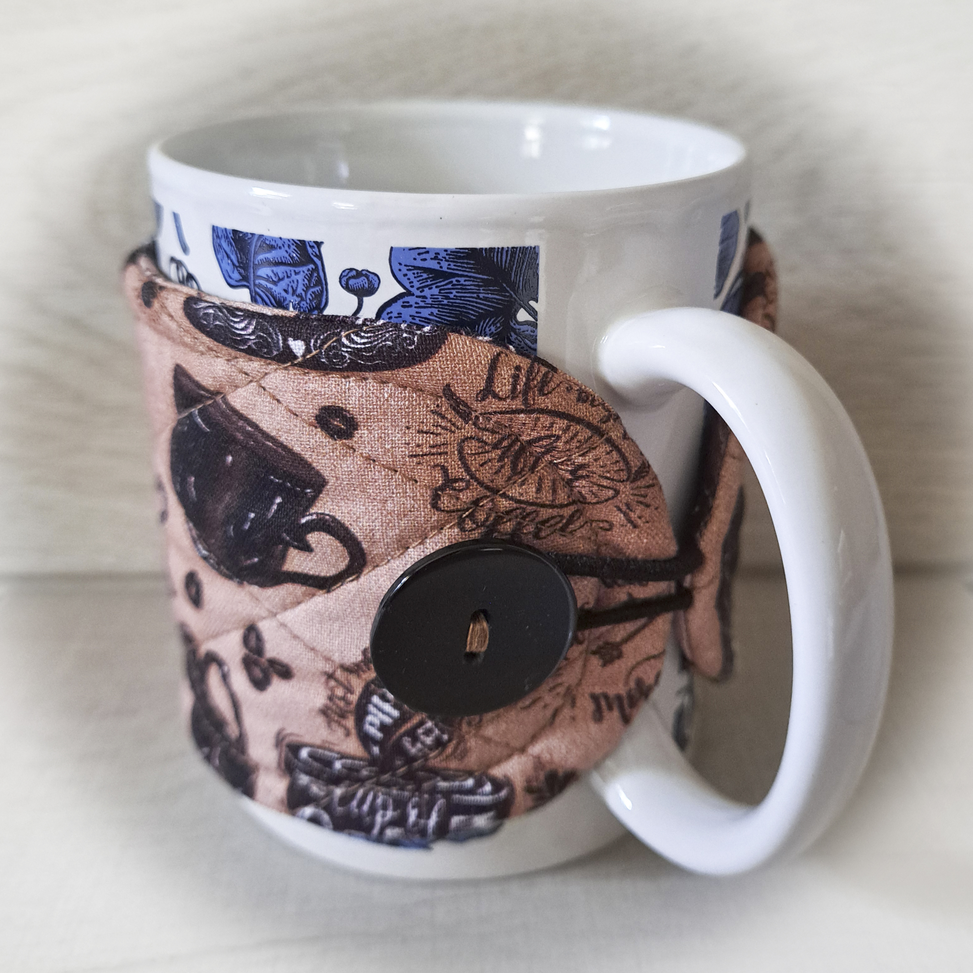 Handmade Reusable Cup Sleeve/Mug Cozy in a Vintage Coffee Print Fabric