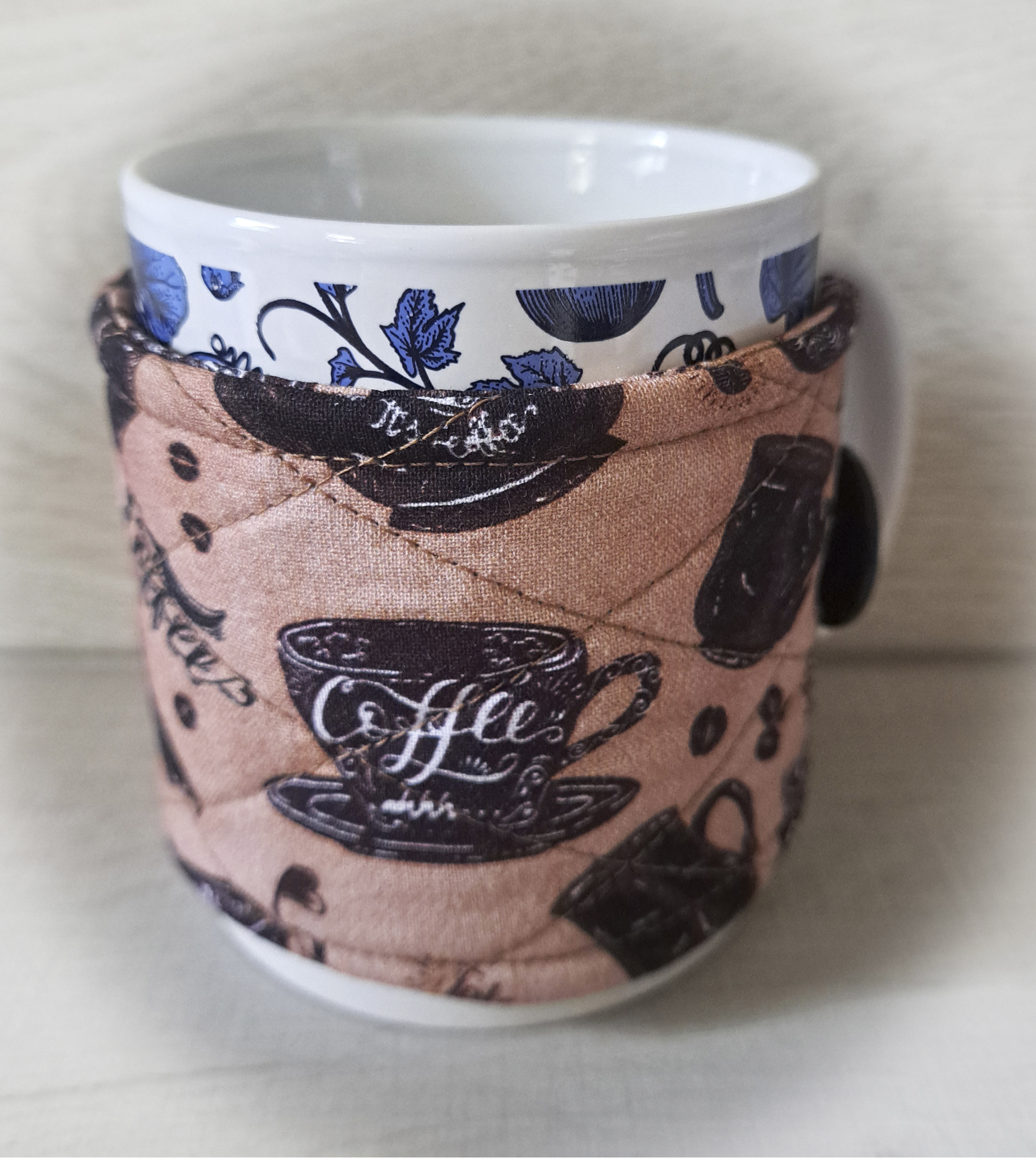 Handmade Reusable Cup Sleeve/Mug Cozy in a Vintage Coffee Print Fabric