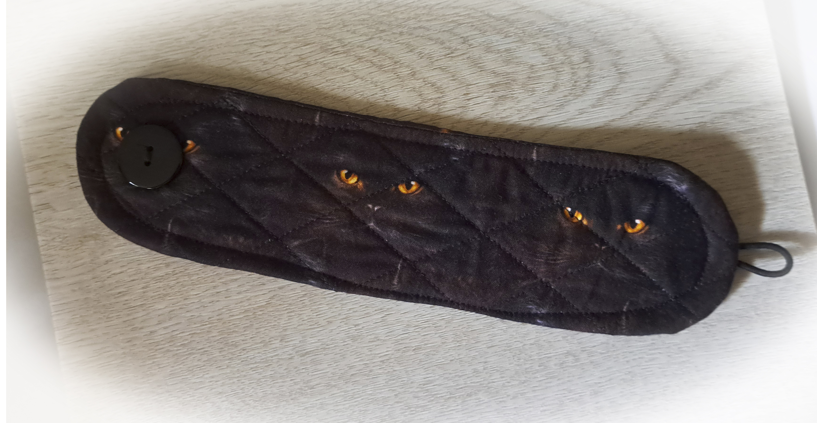 Handmade Reusable Coffee Sleeve/Mug Cozy in a Black Cat with Golden Eyes Fabric
