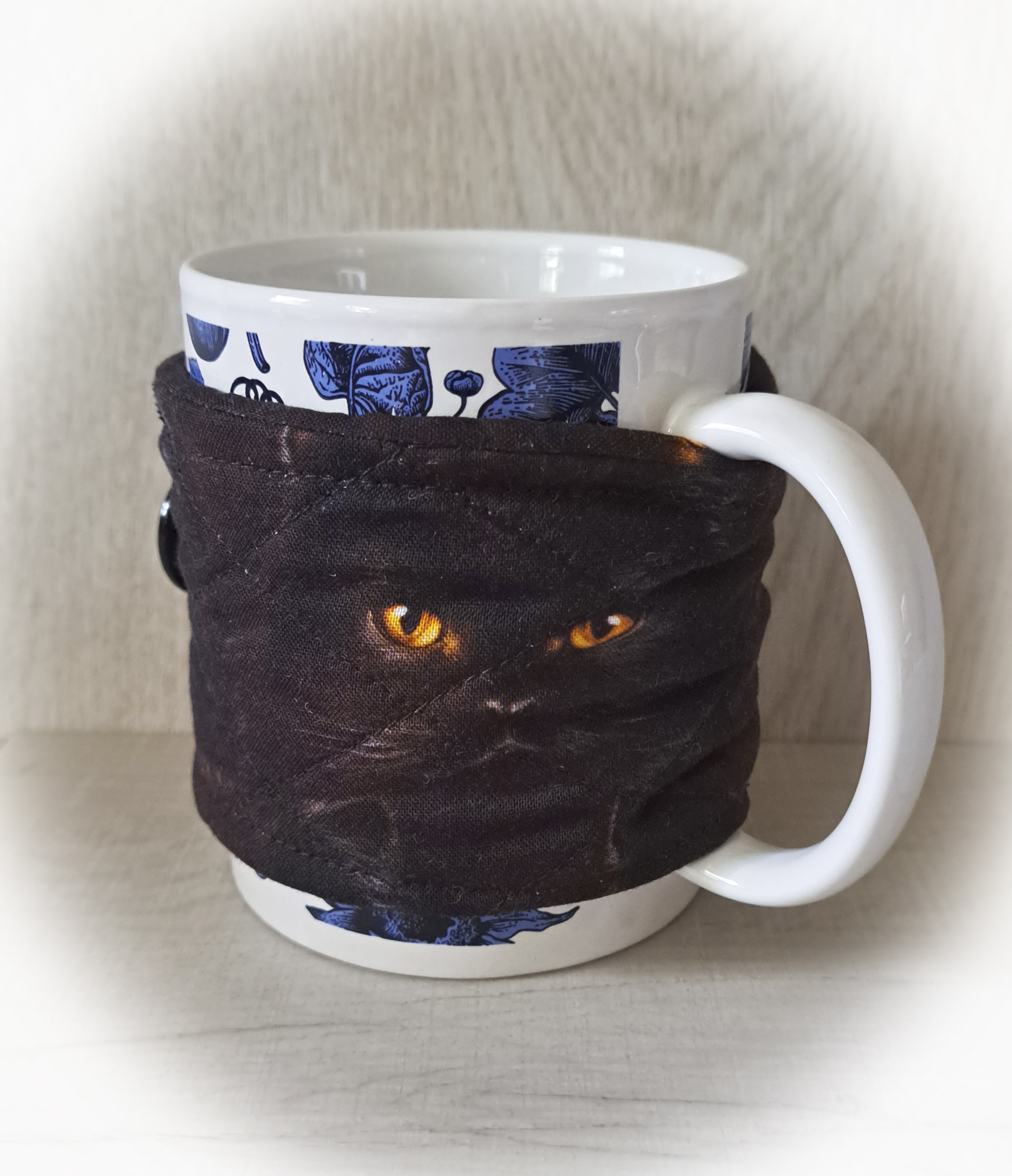 Handmade Reusable Coffee Sleeve/Mug Cozy in a Black Cat with Golden Eyes Fabric