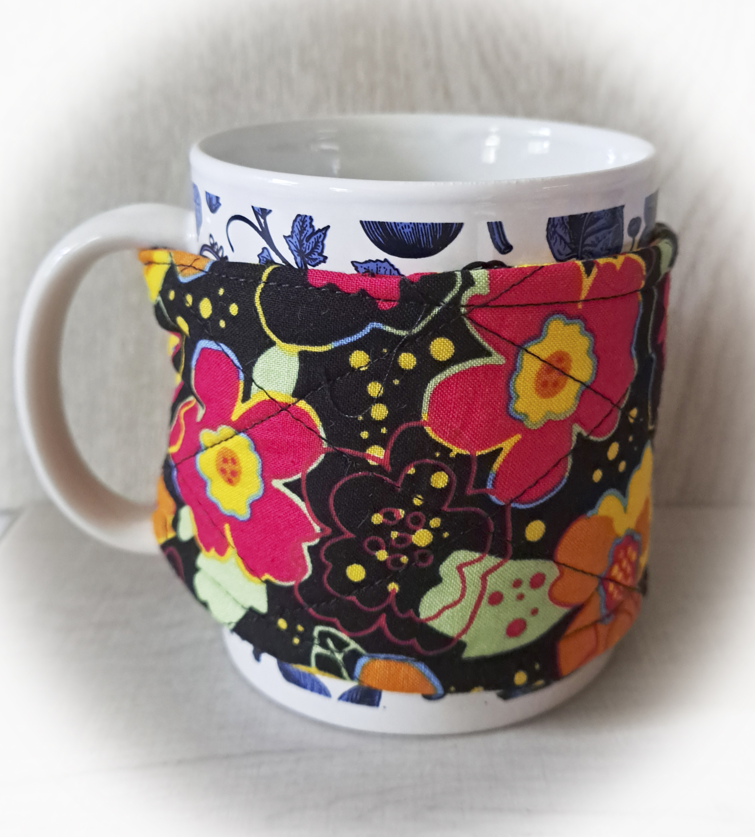 Handmade Reusable Coffee Sleeve/Mug Cozy in a Bright Flower Fabric