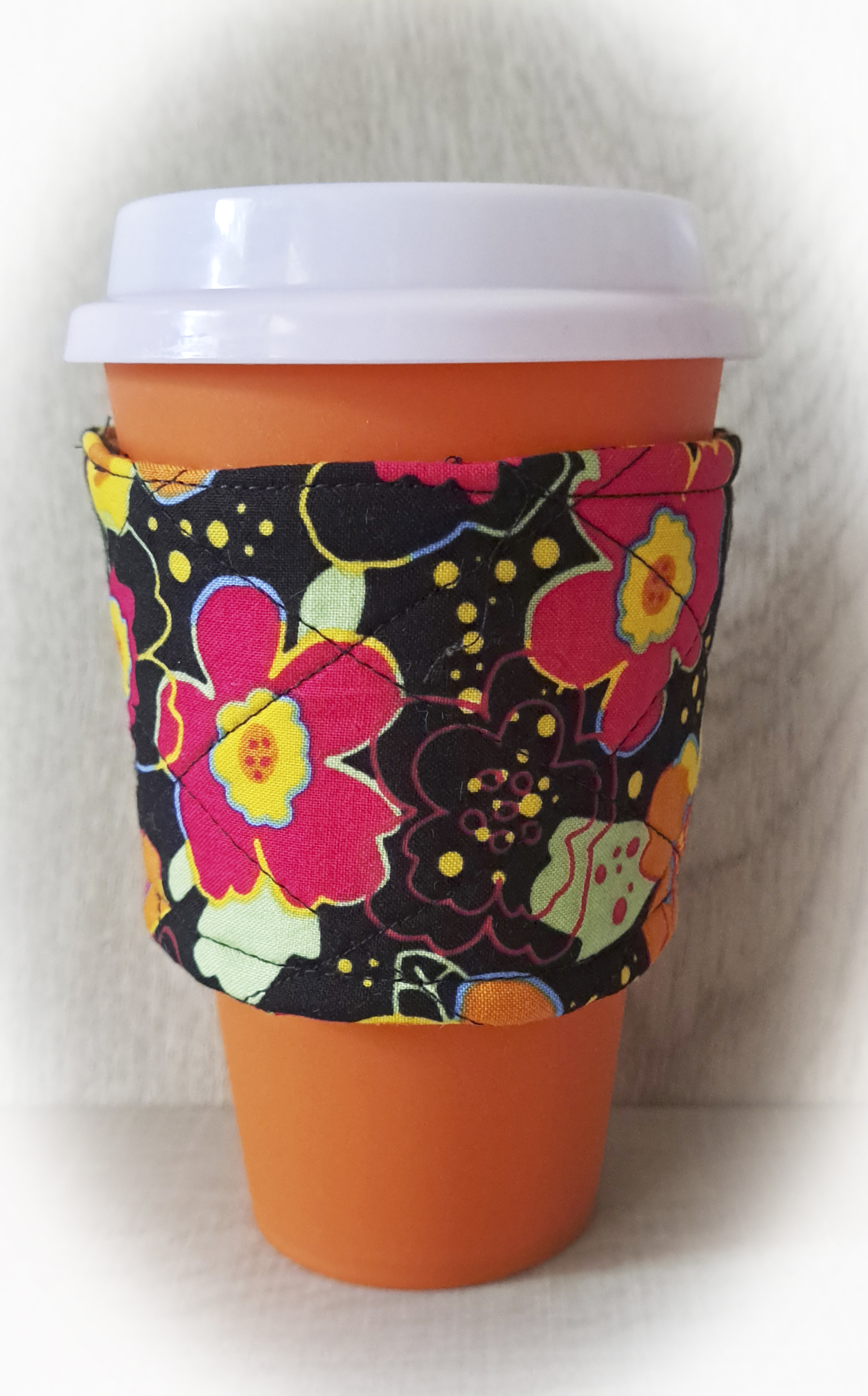 Handmade Reusable Coffee Sleeve/Mug Cozy in a Bright Flower Fabric