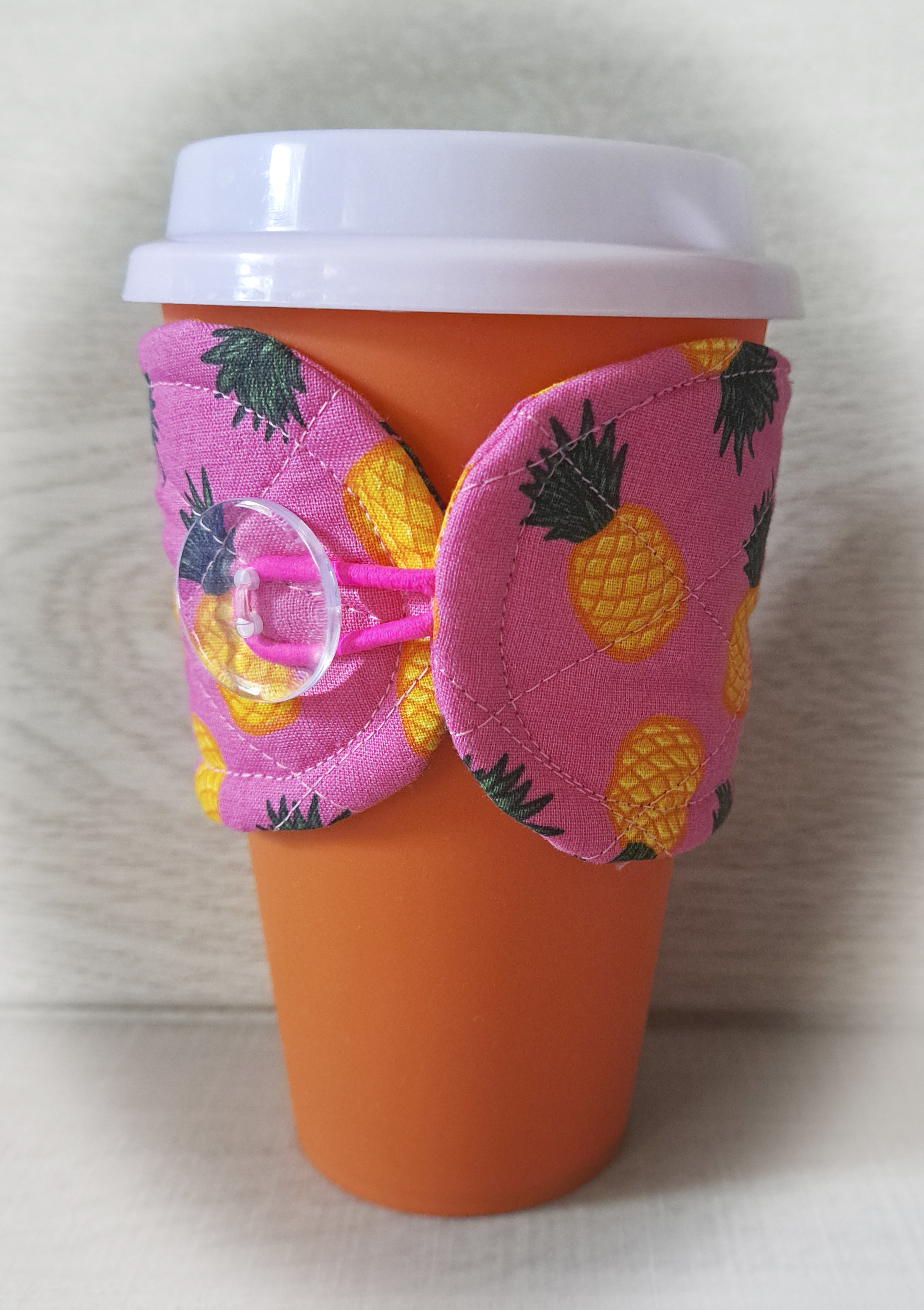 Handmade Reusable Cup Sleeve/Mug Cozy in a Bright Pink Pineapple Fabric