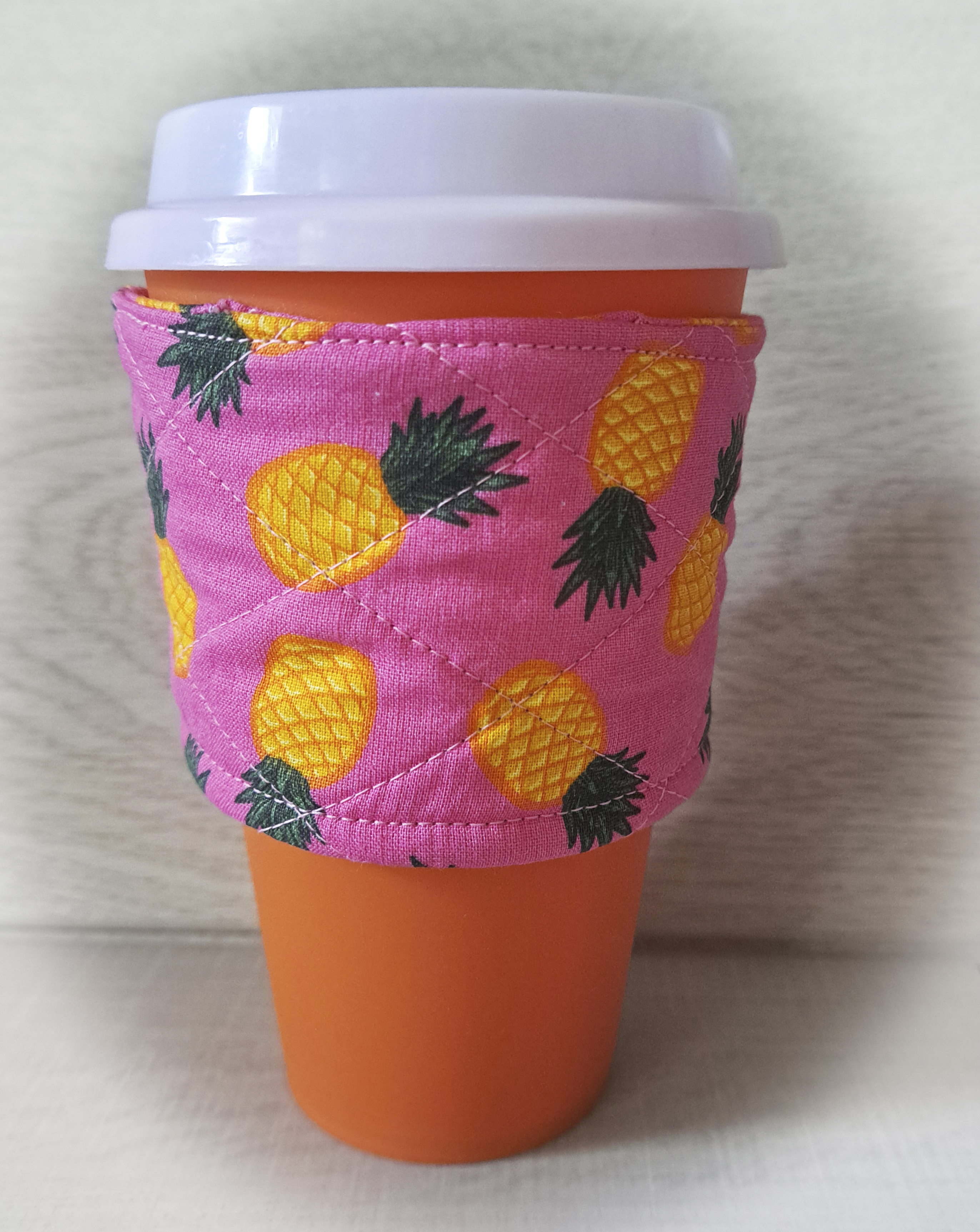 Handmade Reusable Cup Sleeve/Mug Cozy in a Bright Pink Pineapple Fabric