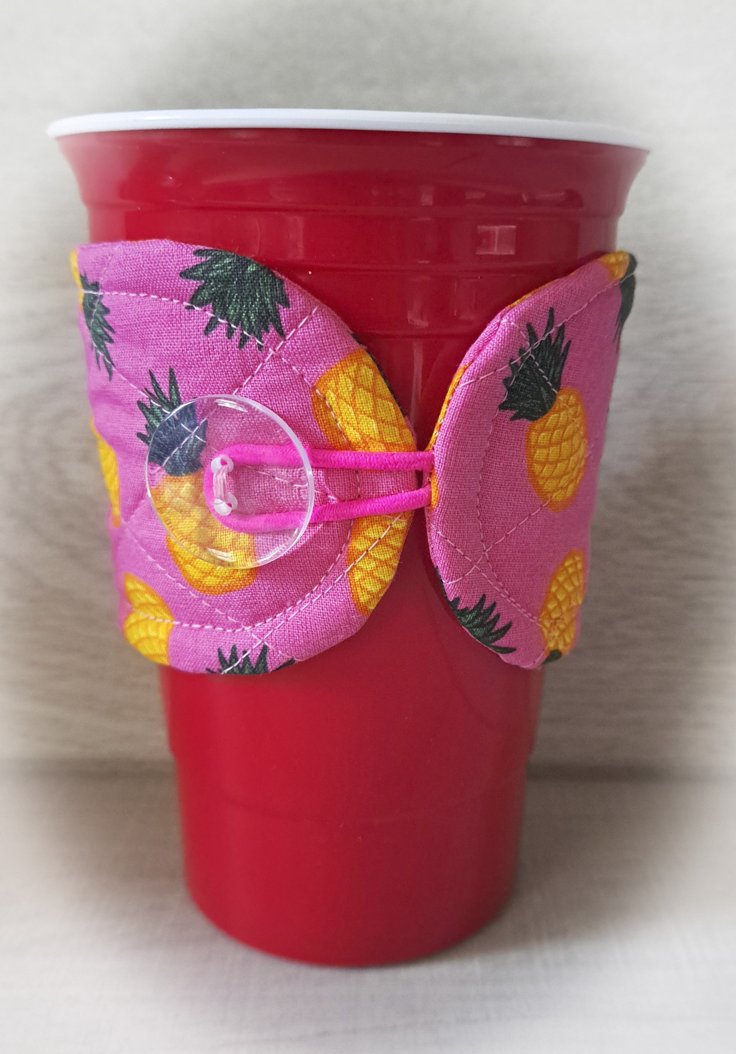 Handmade Reusable Cup Sleeve/Mug Cozy in a Bright Pink Pineapple Fabric