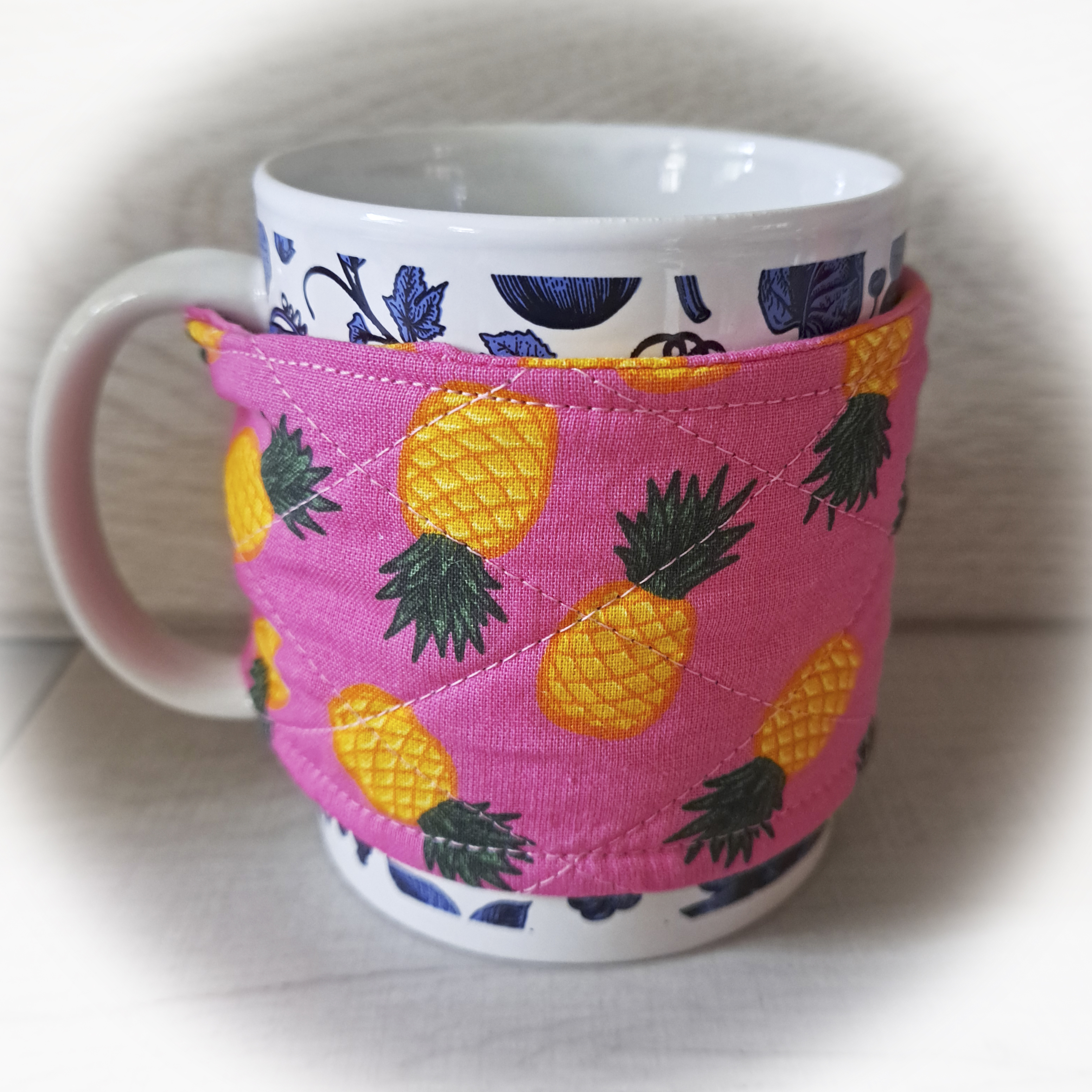 Handmade Reusable Cup Sleeve/Mug Cozy in a Bright Pink Pineapple Fabric