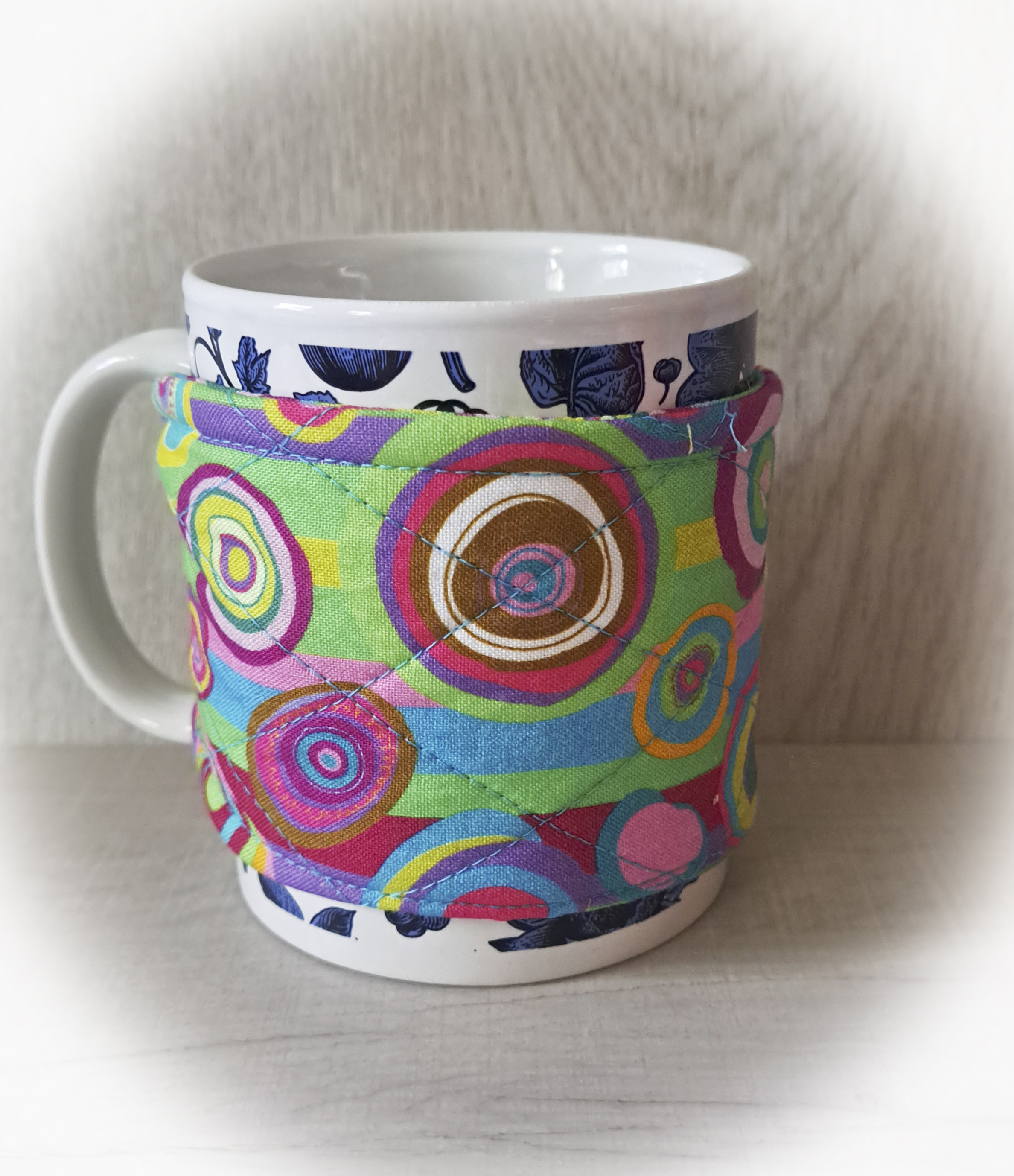 Handmade Reusable Cup Sleeve/Mug Cozy in a Bright Geometric Fabric