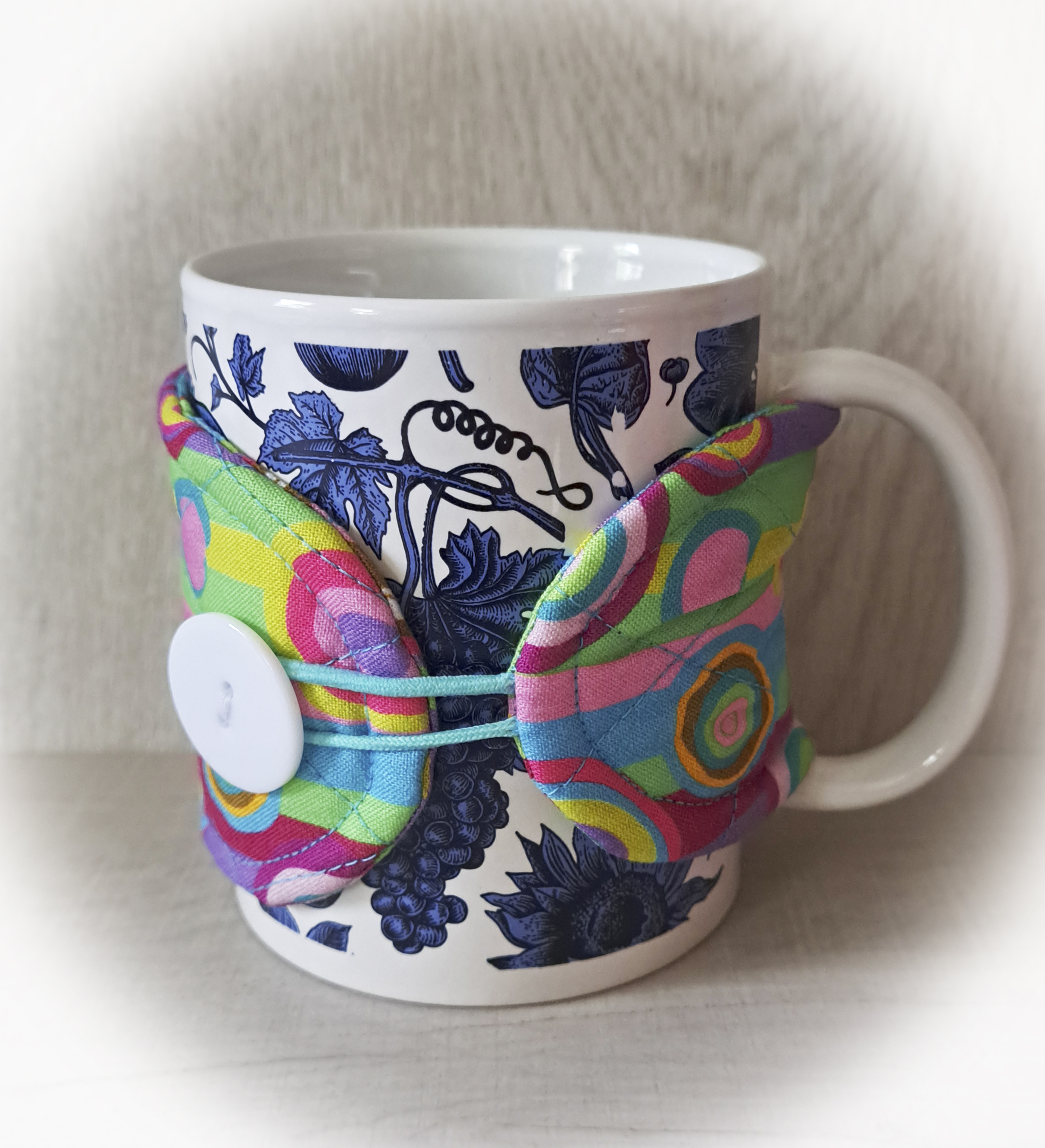 Handmade Reusable Cup Sleeve/Mug Cozy in a Bright Geometric Fabric