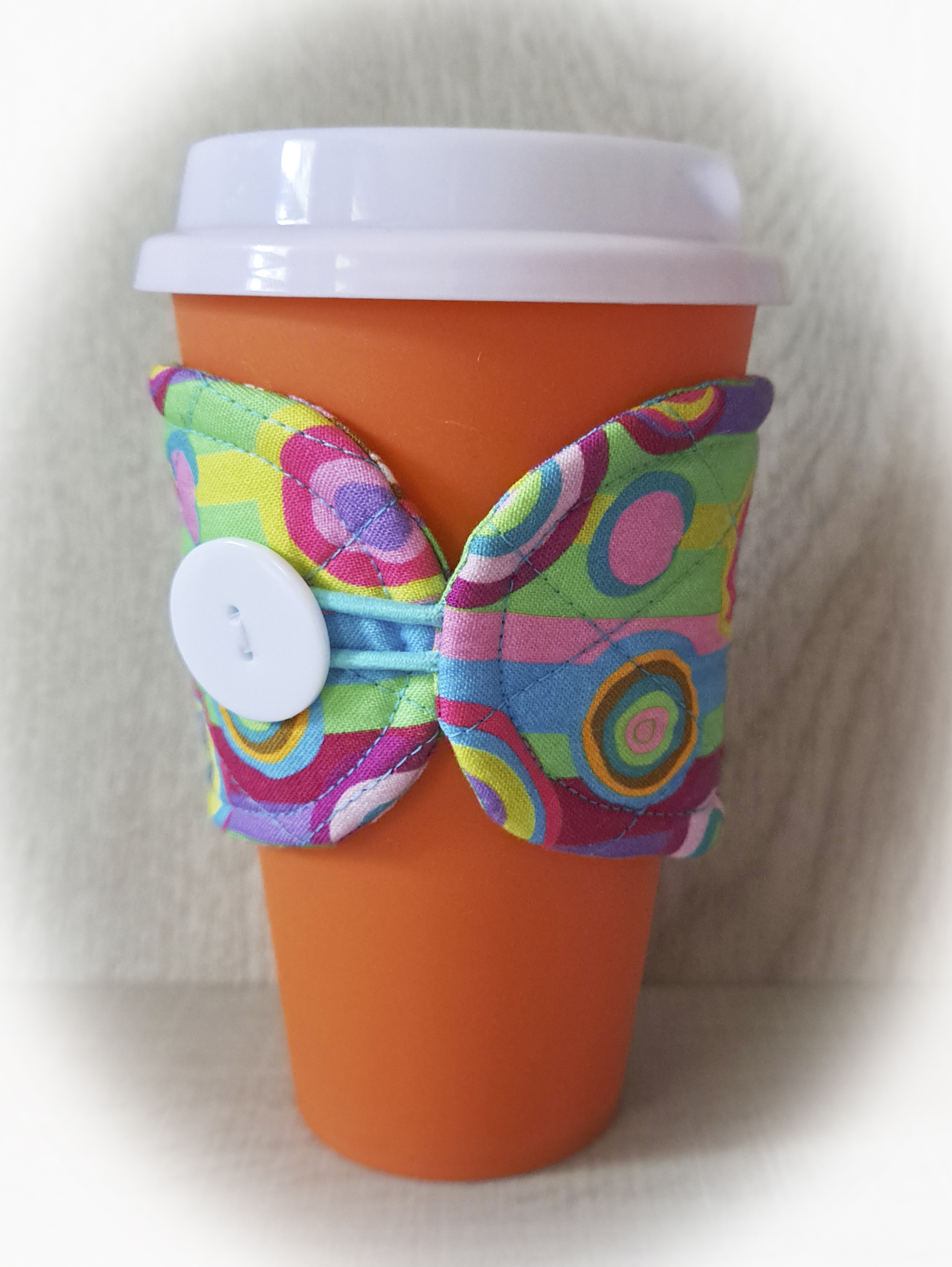 Handmade Reusable Cup Sleeve/Mug Cozy in a Bright Geometric Fabric