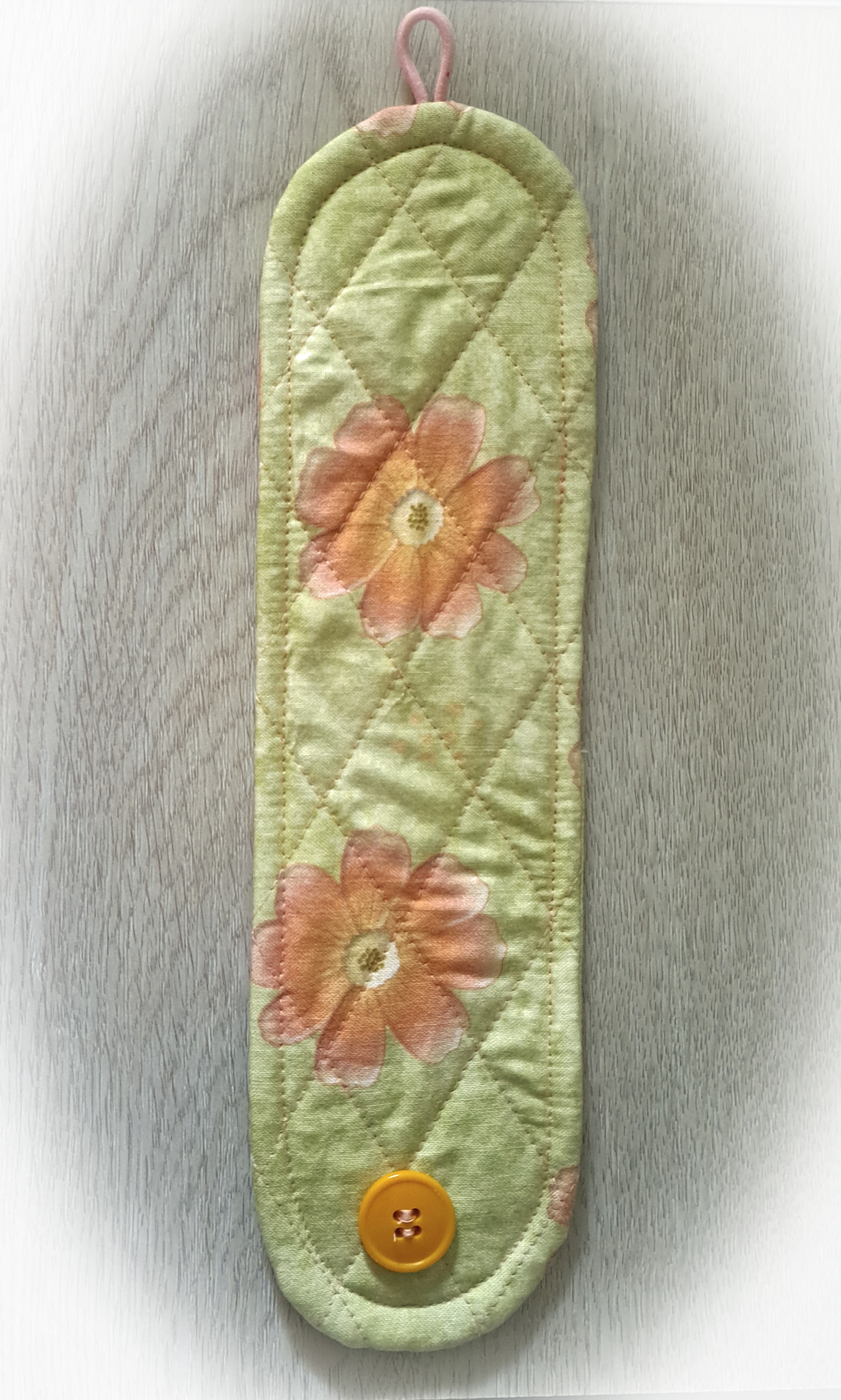 Handmade Reusable Cup Sleeve/Mug Cozy in a Soft Green with Peach Flower Fabric