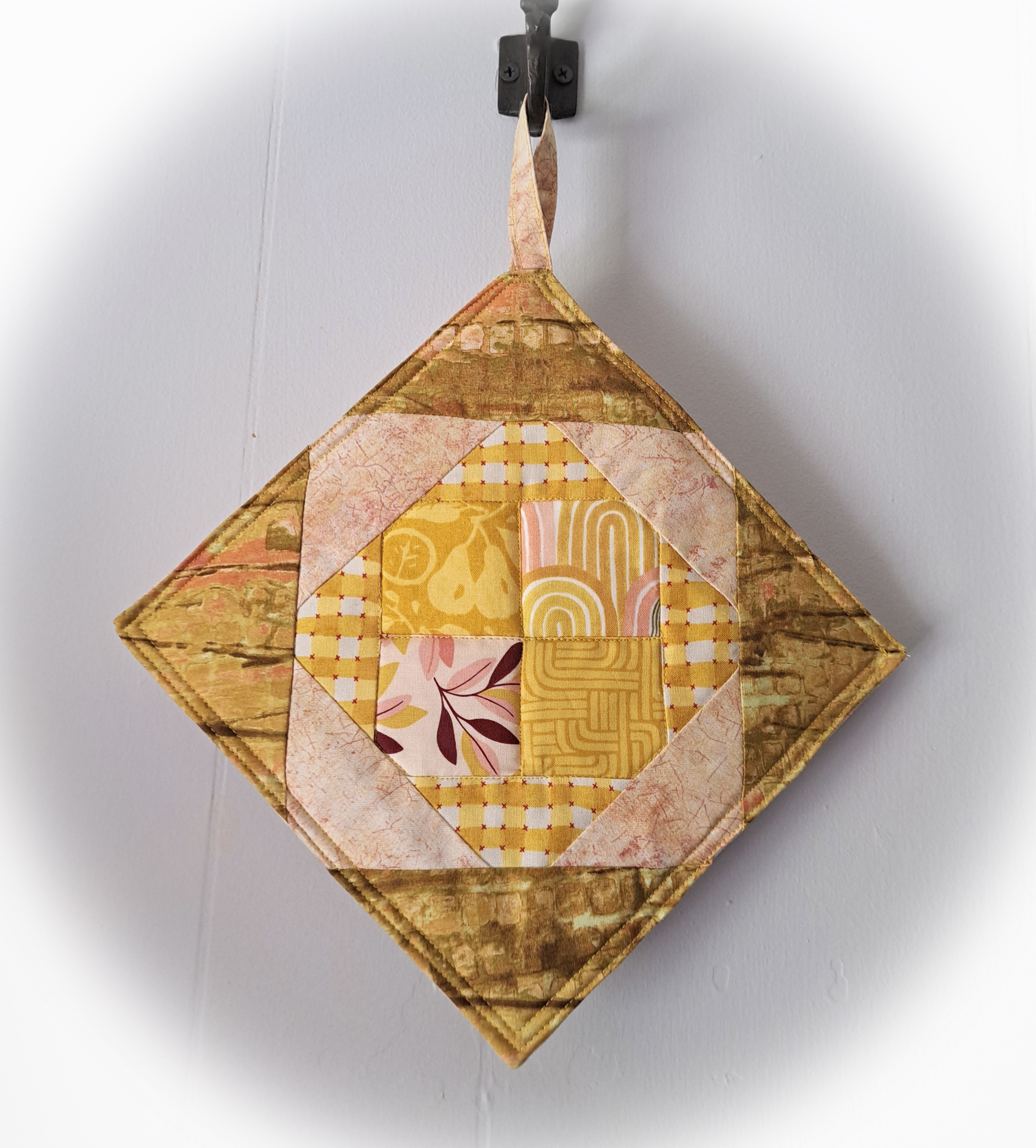 Set of 2 Handmade Fabric Pot Holders - Peach and Gold Quilted Fabric