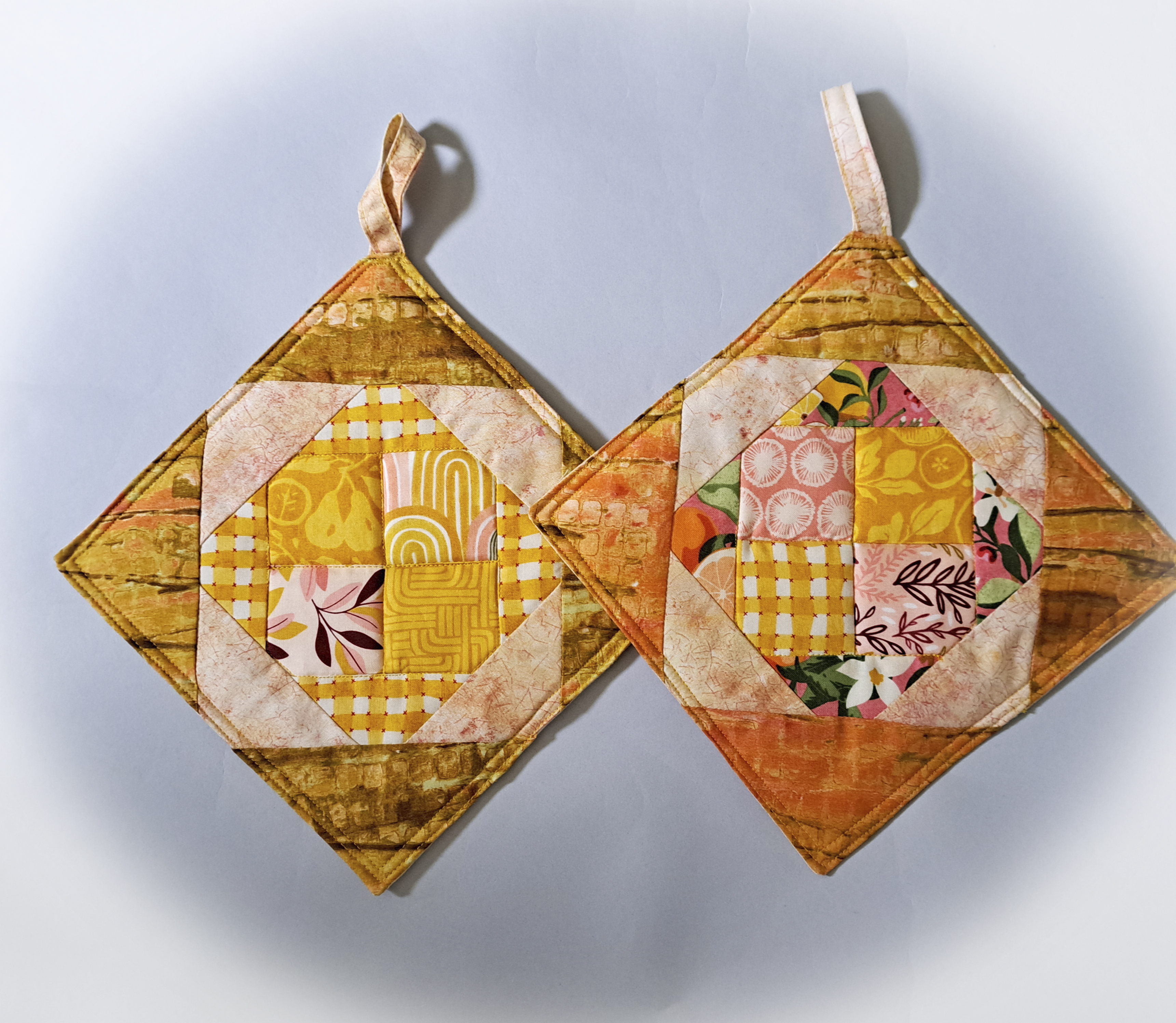 Set of 2 Handmade Fabric Pot Holders - Peach and Gold Quilted Fabric