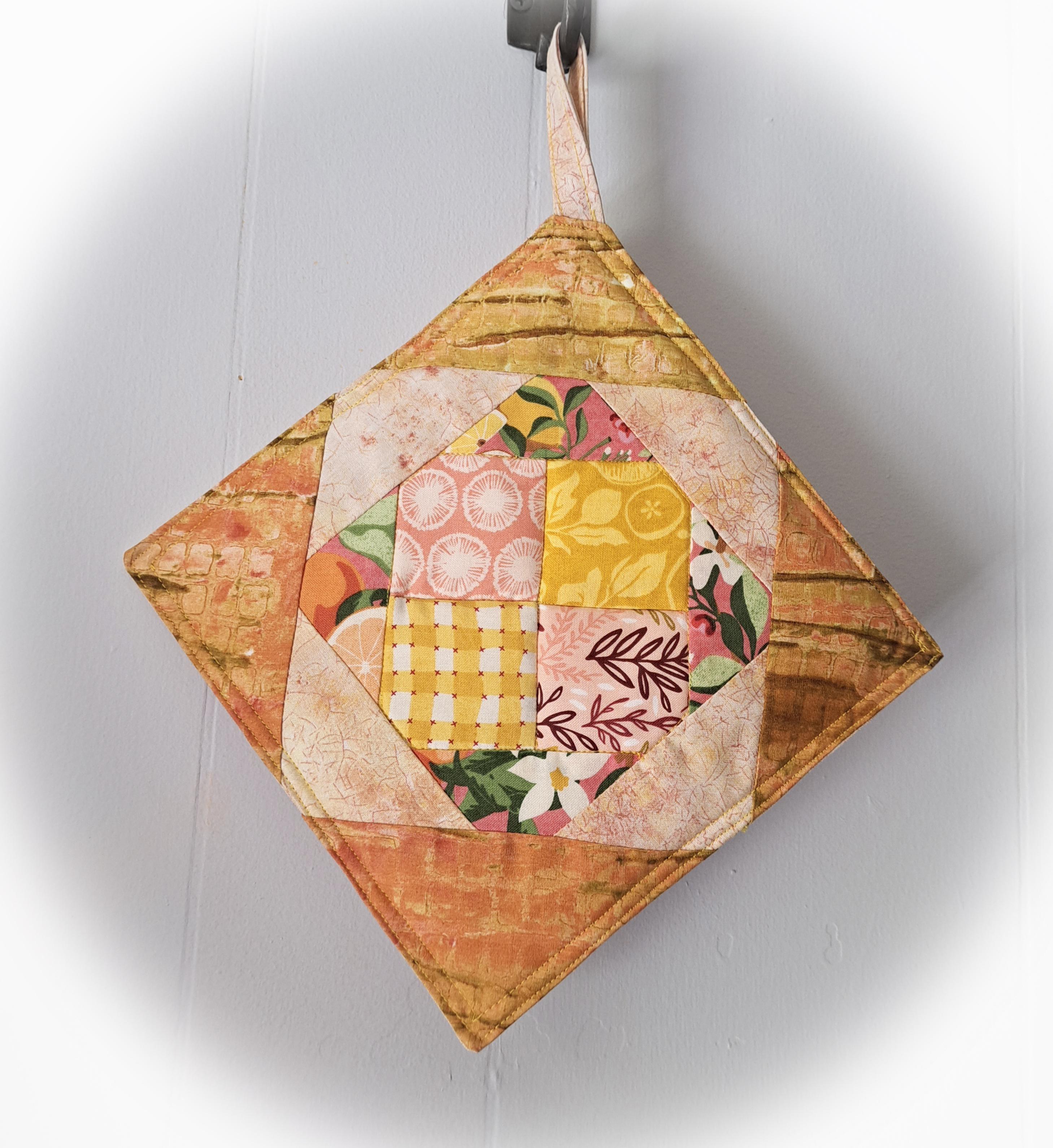 Set of 2 Handmade Fabric Pot Holders - Peach and Gold Quilted Fabric