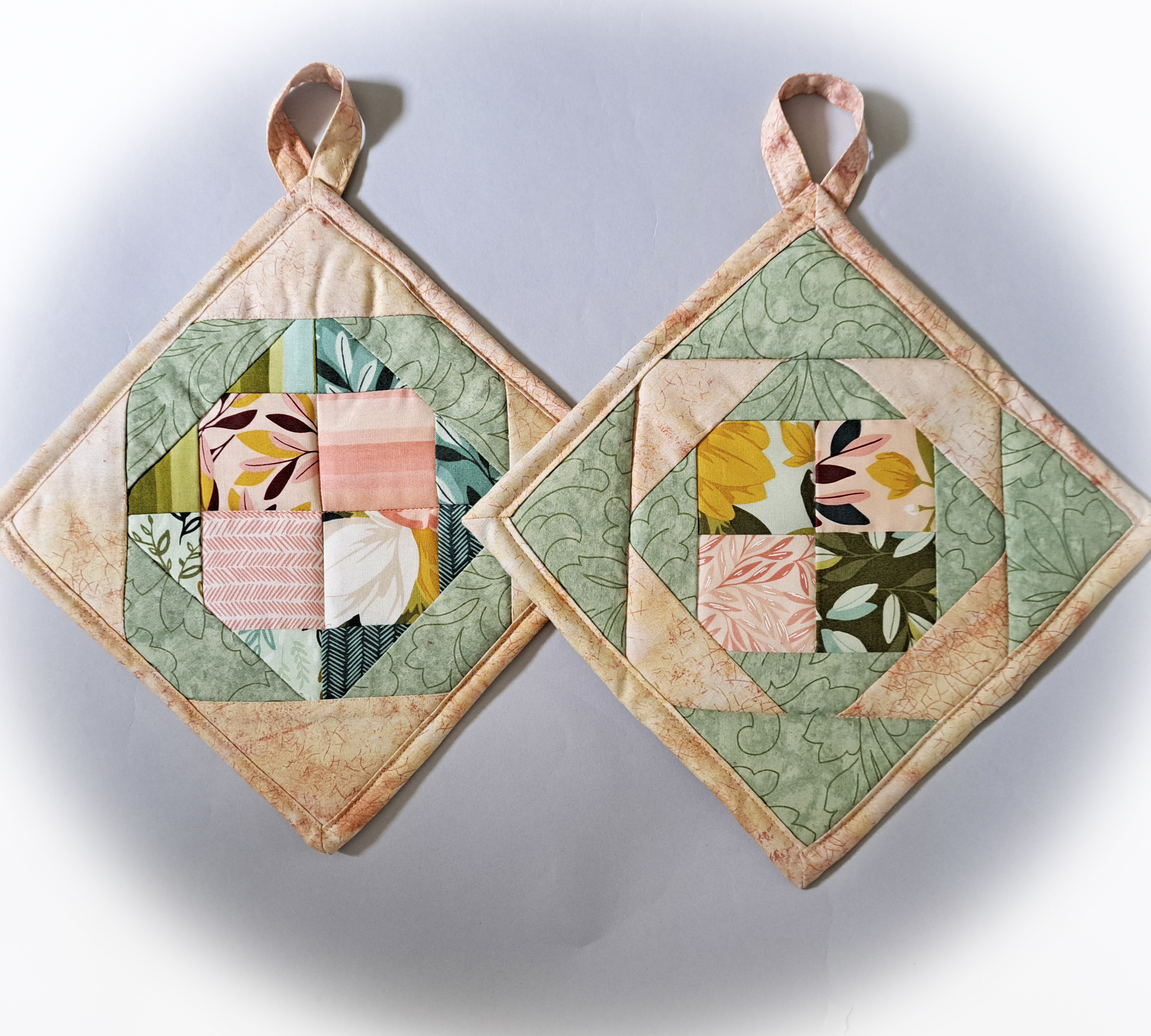 Set of 2 Handmade Pot Holders - Peach and Green Quilted Fabrics