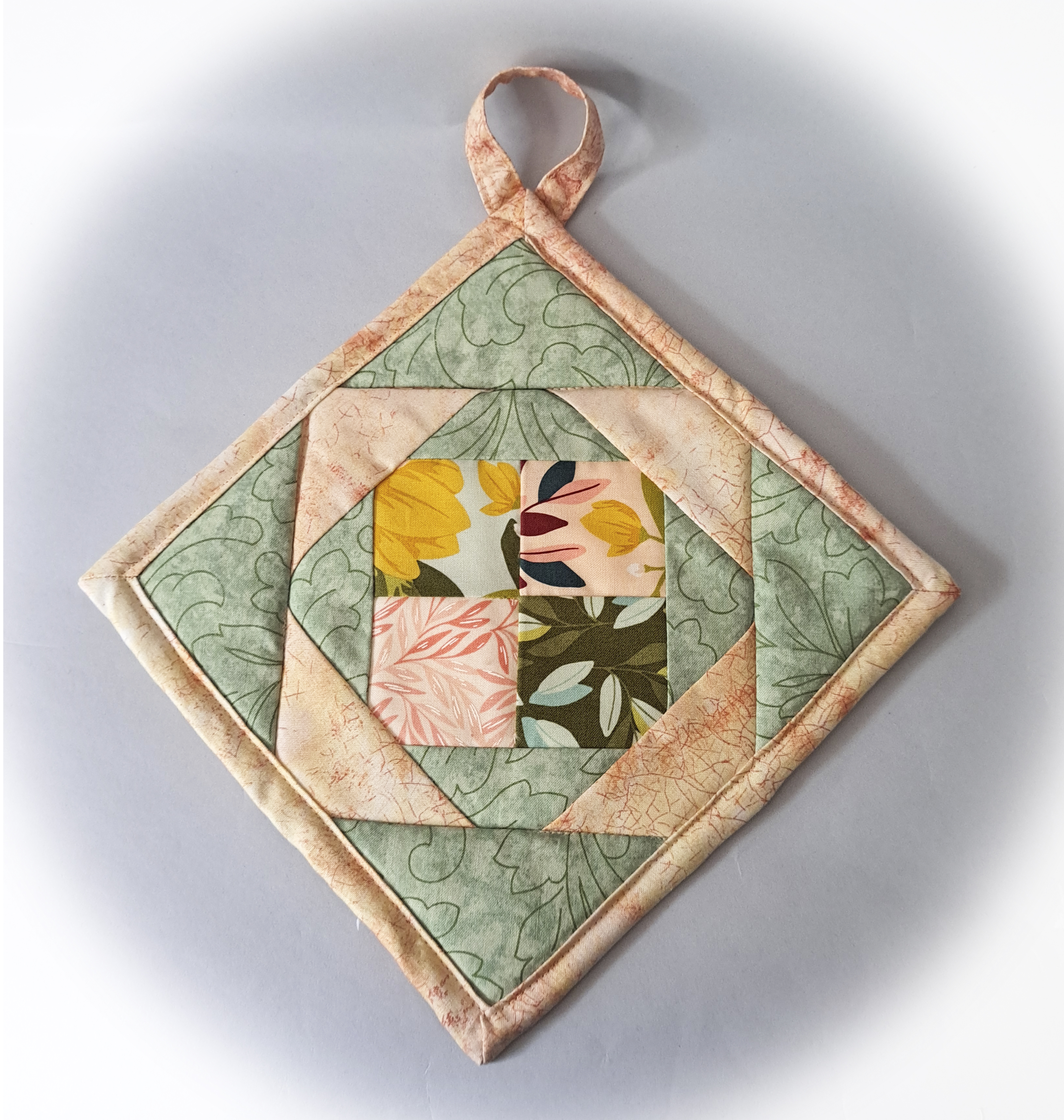 Set of 2 Handmade Pot Holders - Peach and Green Quilted Fabrics