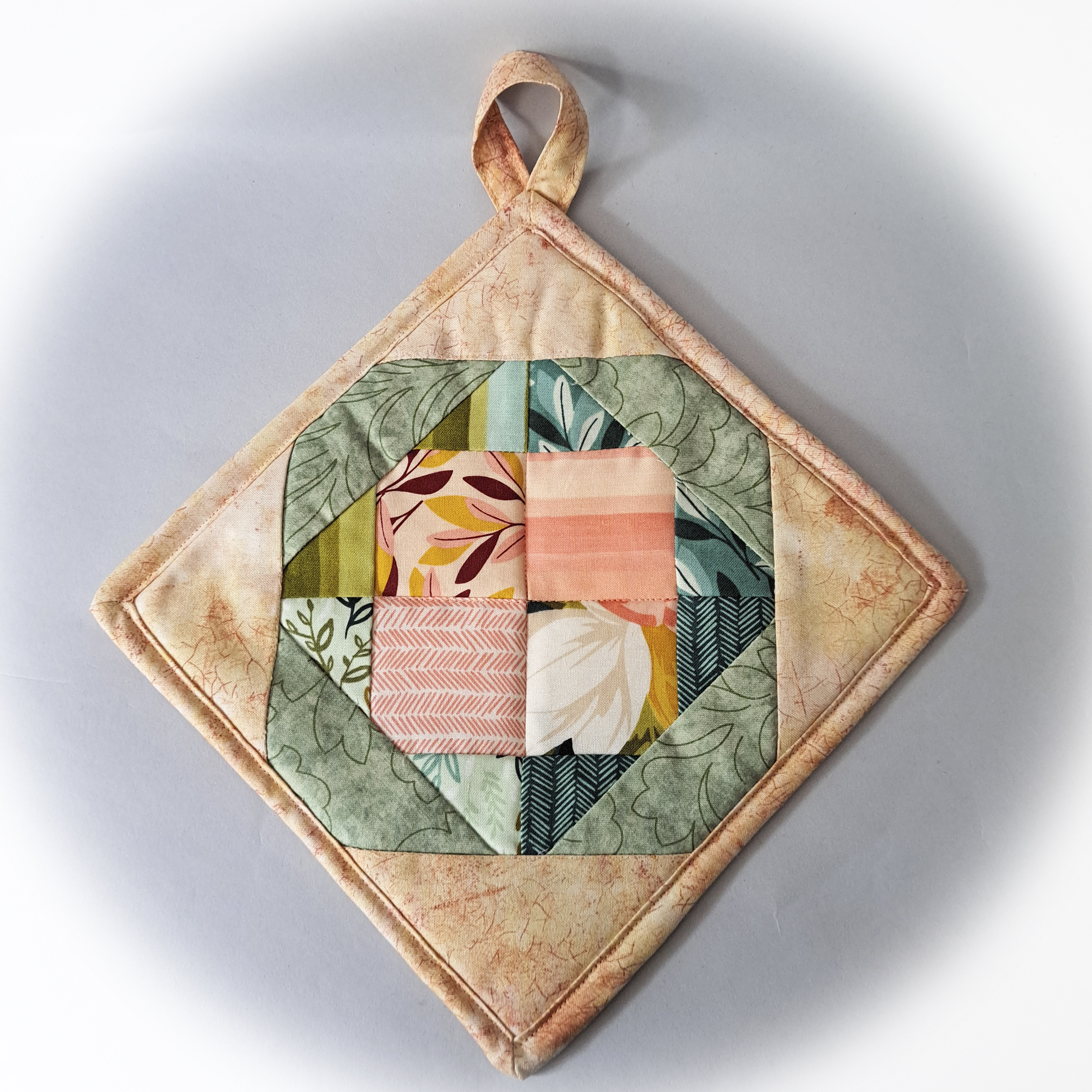 Set of 2 Handmade Pot Holders - Peach and Green Quilted Fabrics