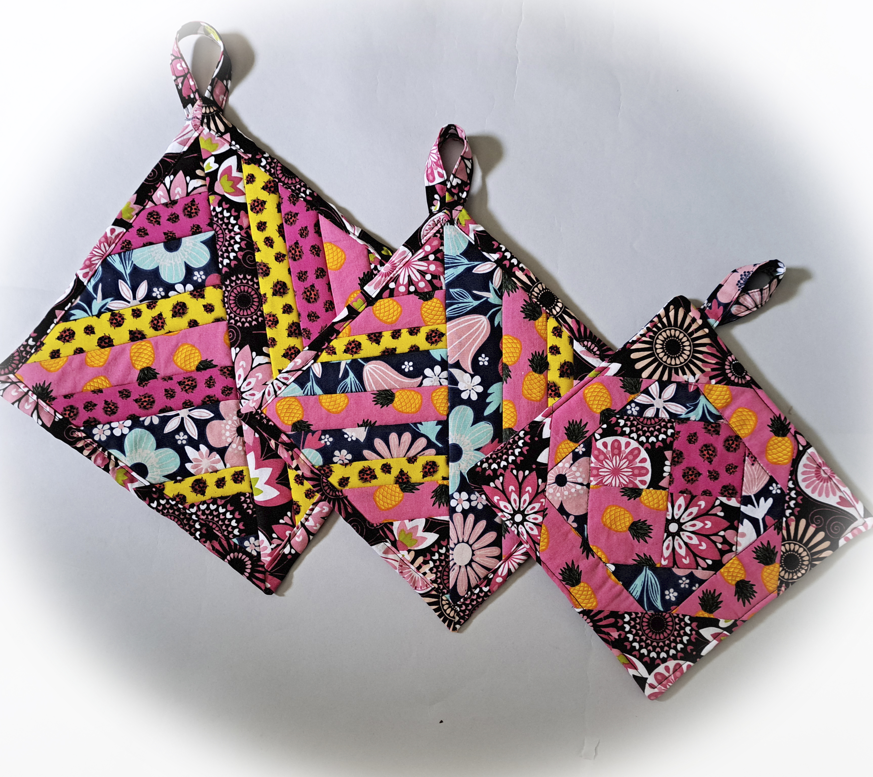 Handmade Floral Fabric Quilted Pot Holders - Set of 3