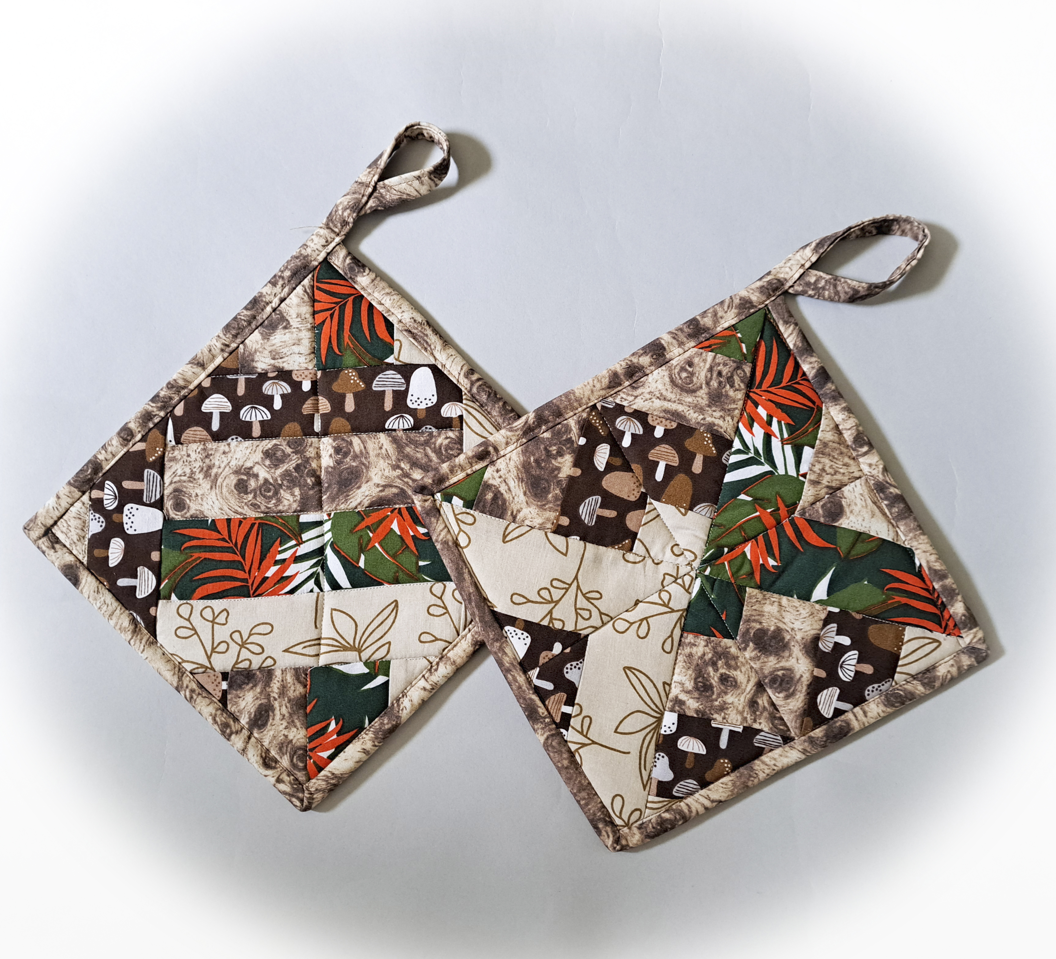 Set of 2 Handmade Quilted Pot Holders - Earthy Tones with Mushrooms and Ferns