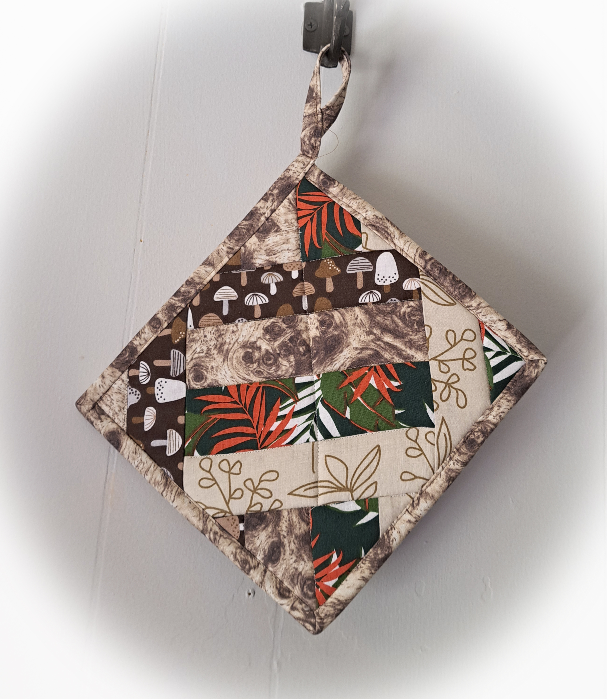 Set of 2 Handmade Quilted Pot Holders - Earthy Tones with Mushrooms and Ferns