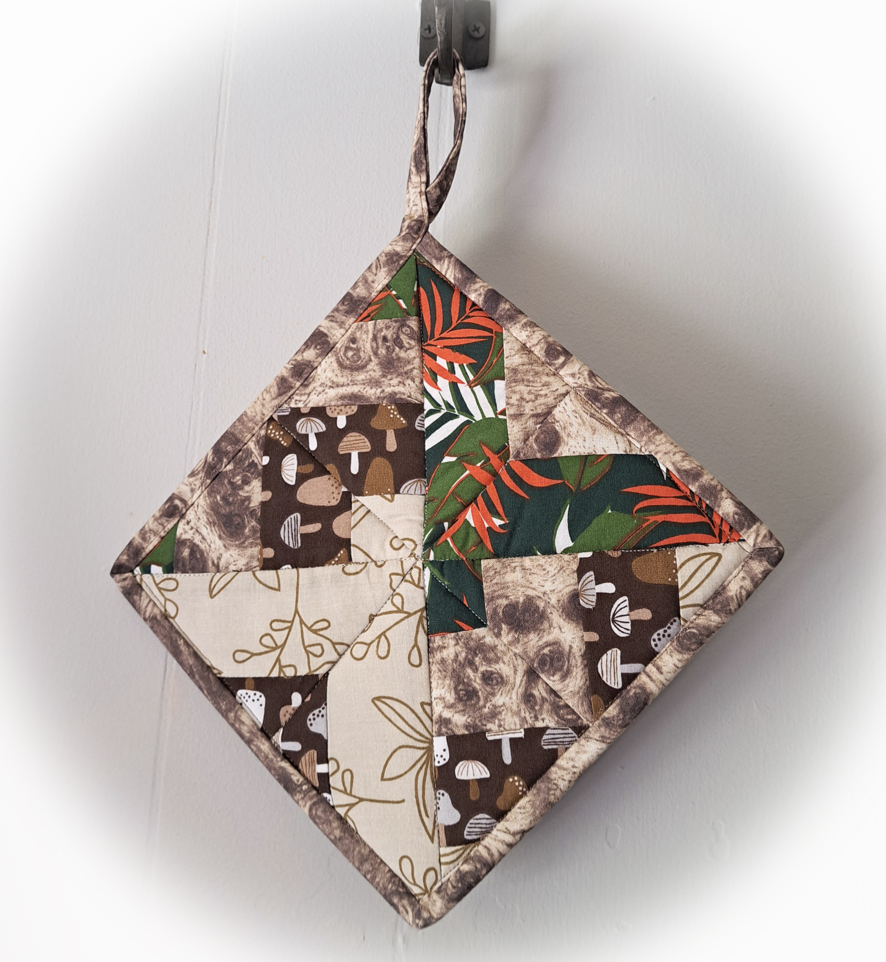 Set of 2 Handmade Quilted Pot Holders - Earthy Tones with Mushrooms and Ferns