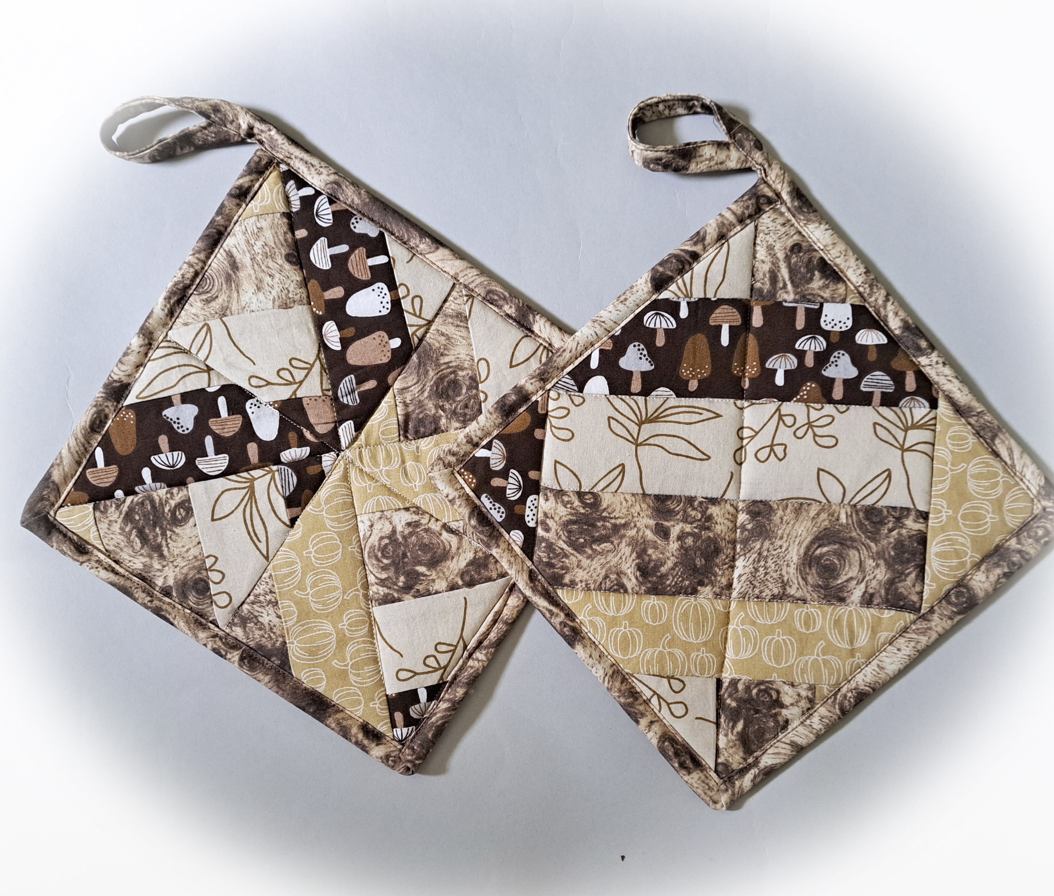 Set of 2 Handmade Quilted Pot Holders of Brown Mushroom Fabric
