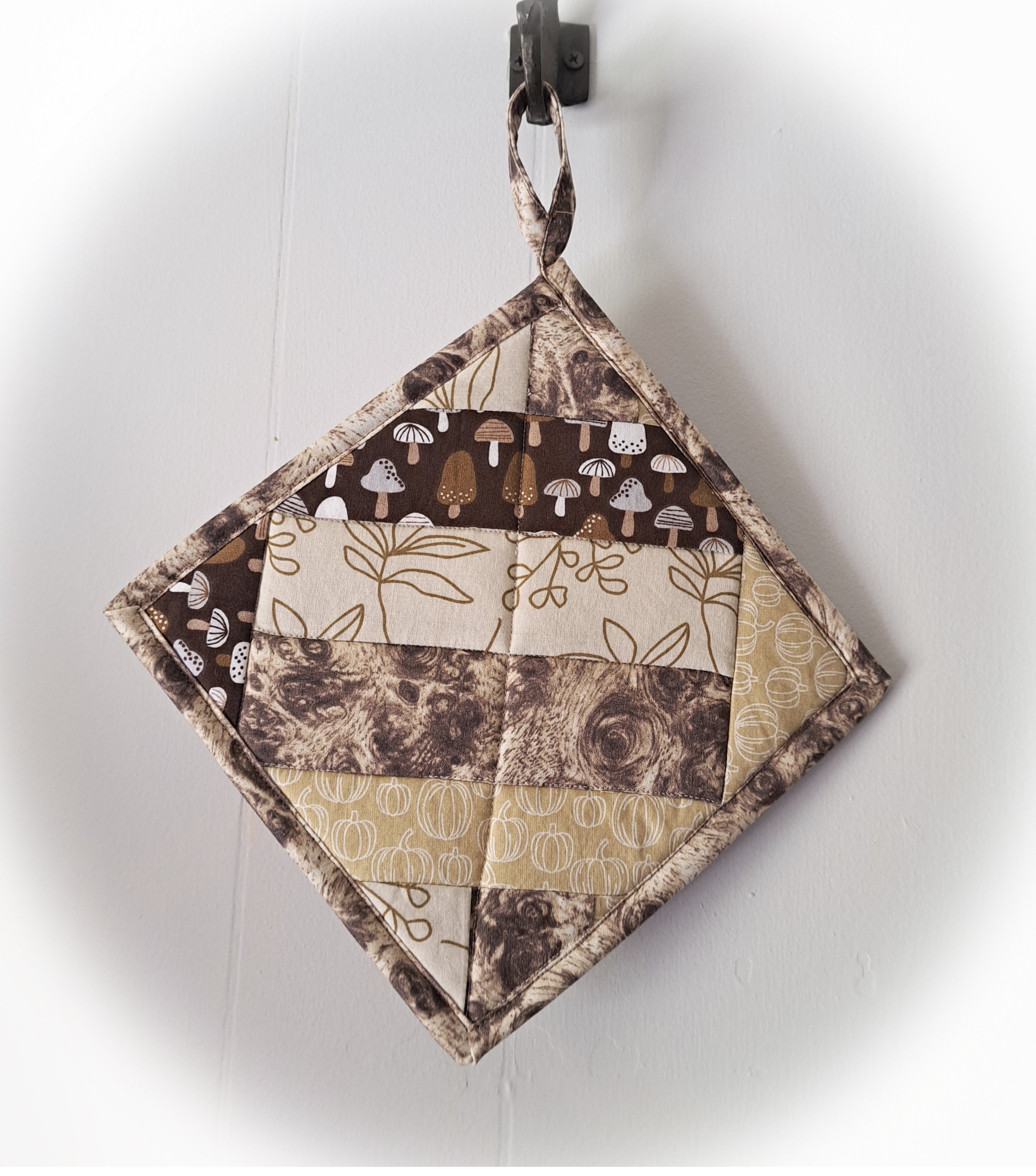 Set of 2 Handmade Quilted Pot Holders of Brown Mushroom Fabric