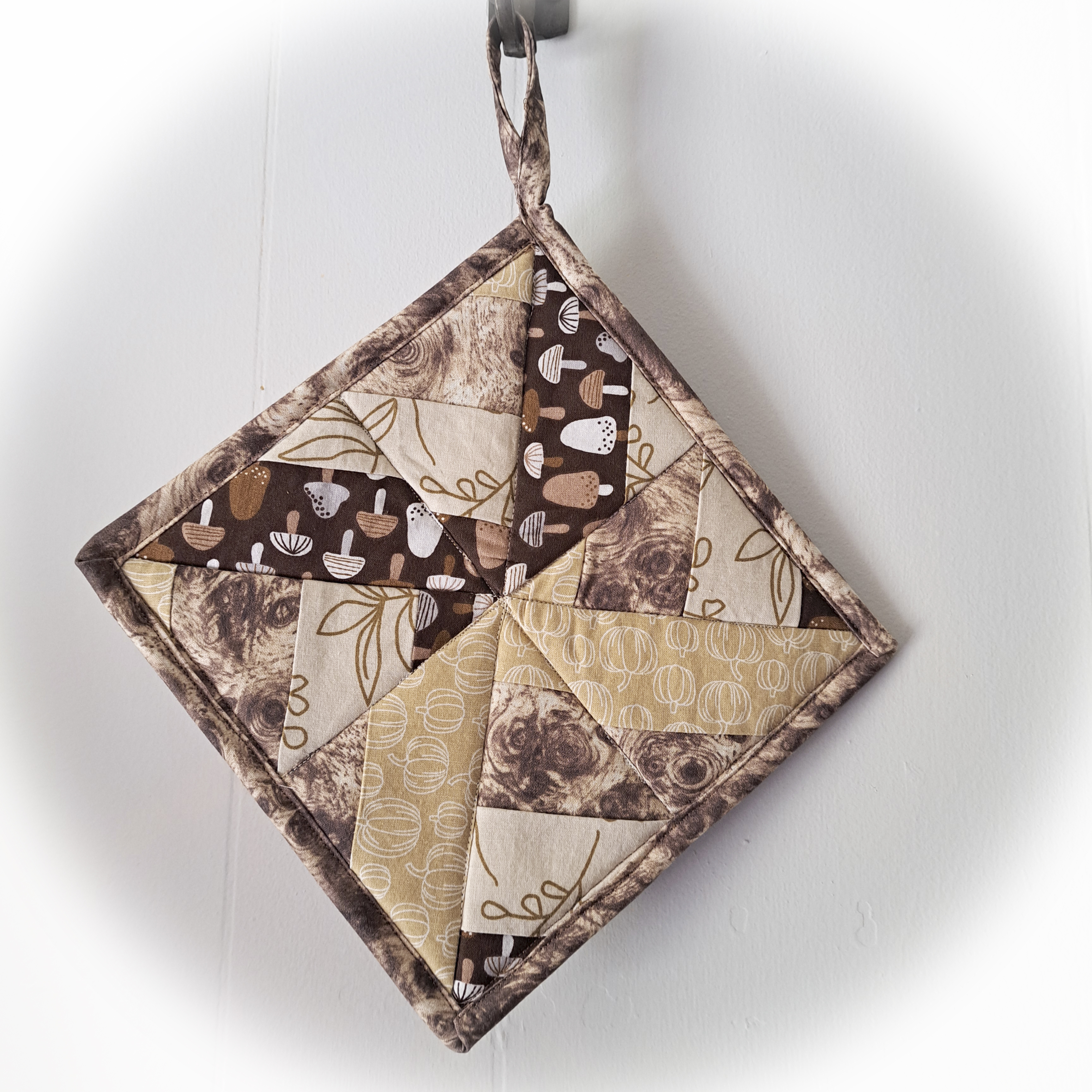 Set of 2 Handmade Quilted Pot Holders of Brown Mushroom Fabric