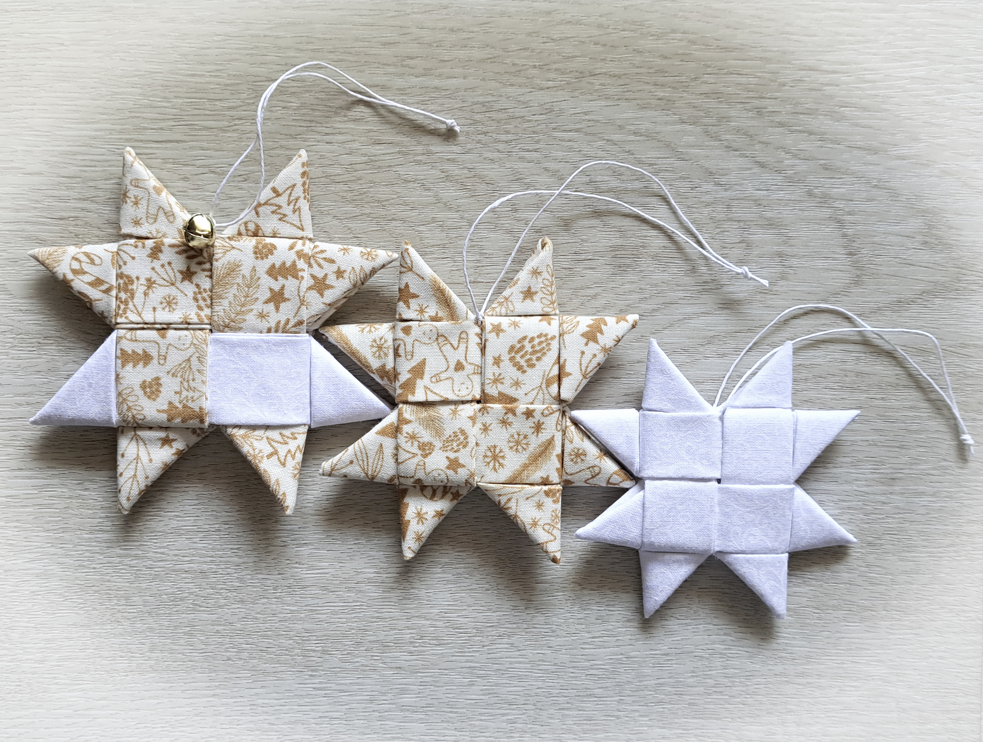 Handmade Scandinavian Fabric Star Ornaments in Gingerbread and White Fabrics