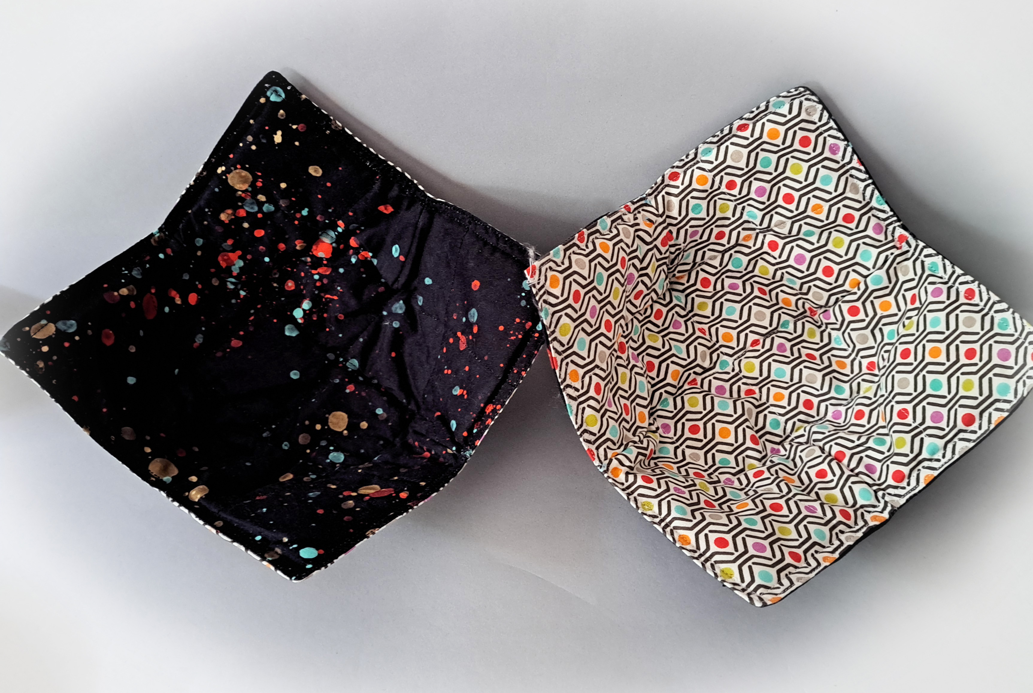Reversible Microwave Set of 2 Bowl Cozies - Blue Dots and Plaid Fabrics -  Pointed Corners Design