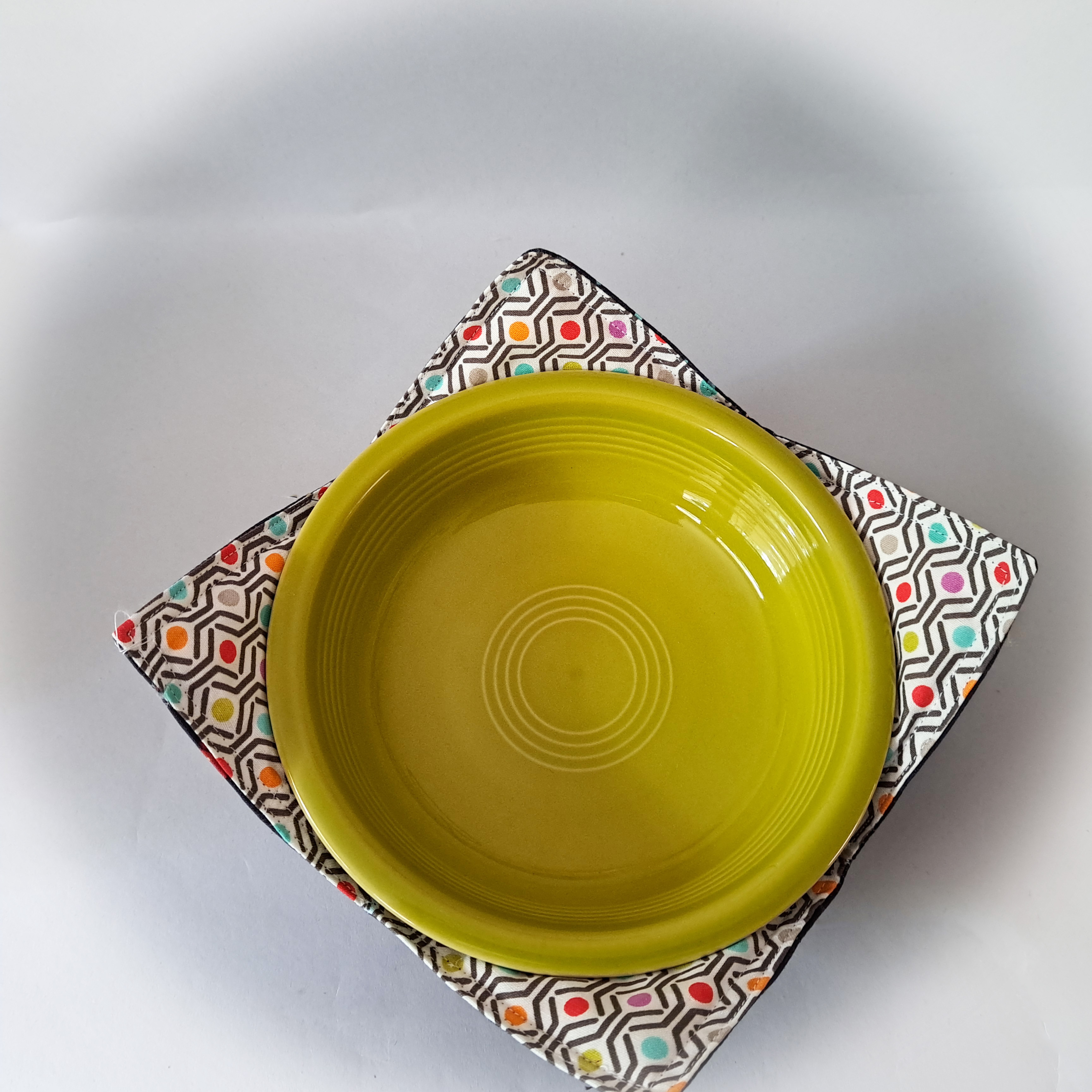 Reversible Microwave Set of 2 Bowl Cozies - Blue Dots and Plaid Fabrics -  Pointed Corners Design