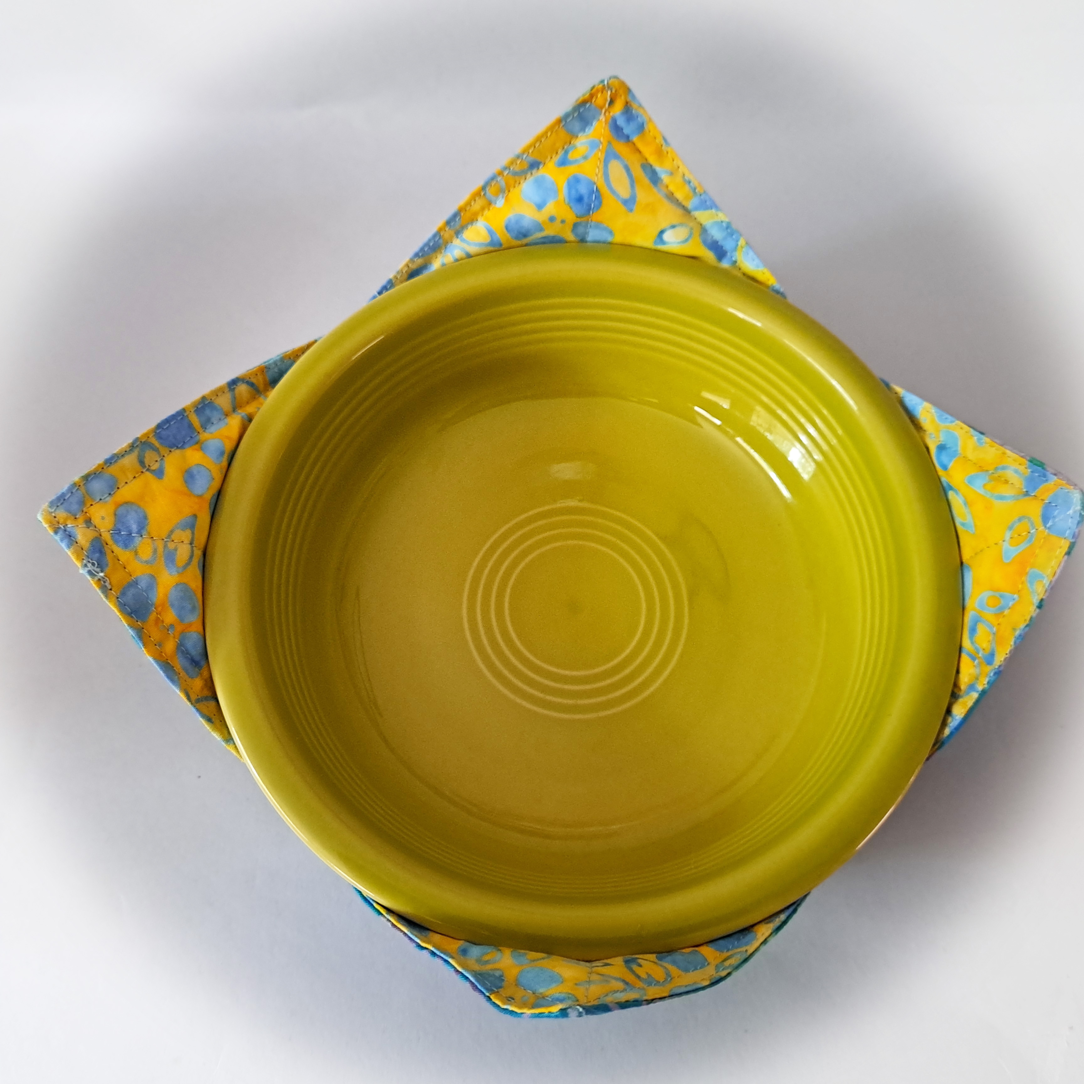 Reversible Microwave Set of 2 Bowl Cozies in Blue and Yellow Batik Fabric -  Pointed Corners Design