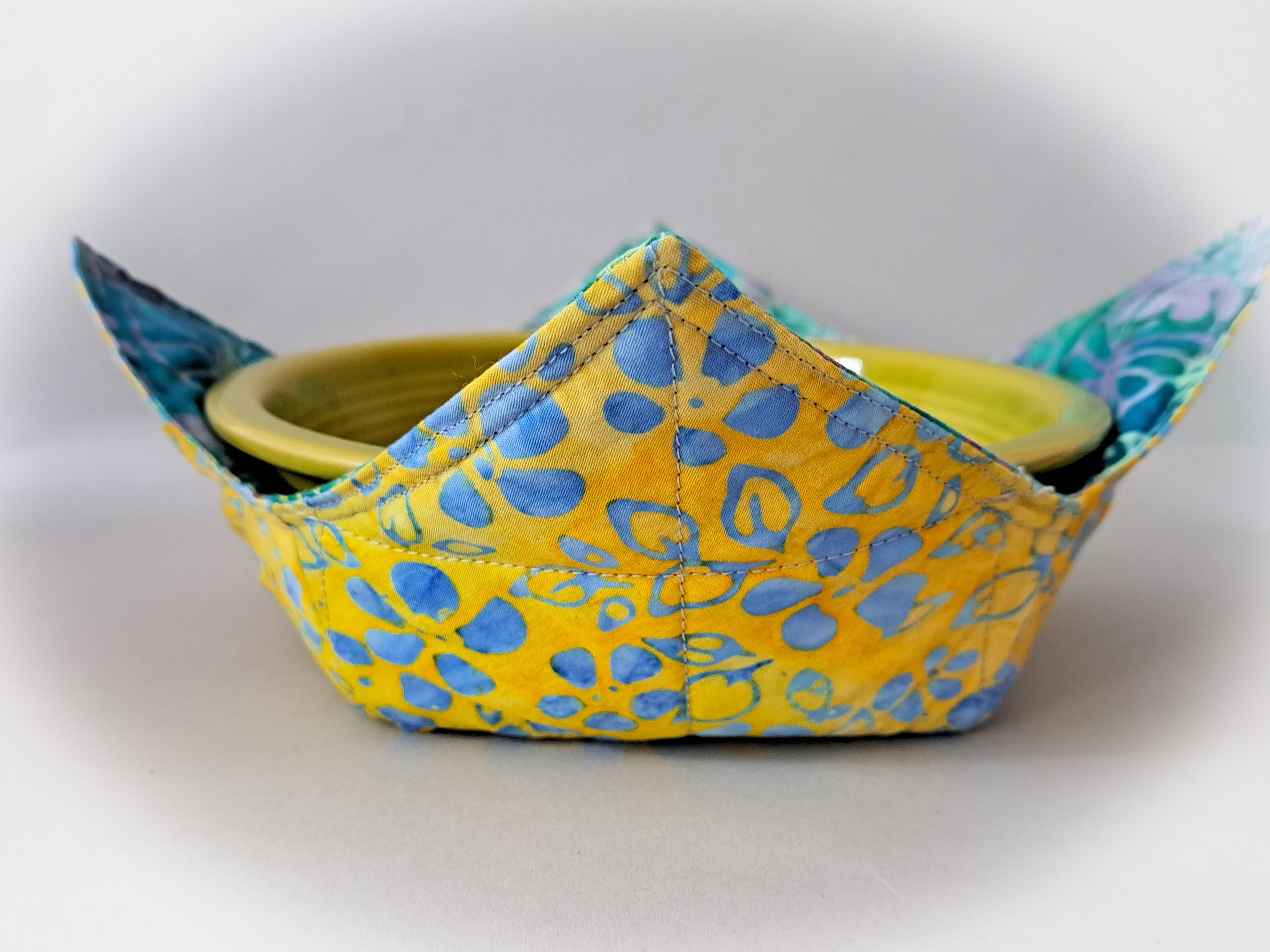 Reversible Microwave Set of 2 Bowl Cozies in Blue and Yellow Batik Fabric -  Pointed Corners Design