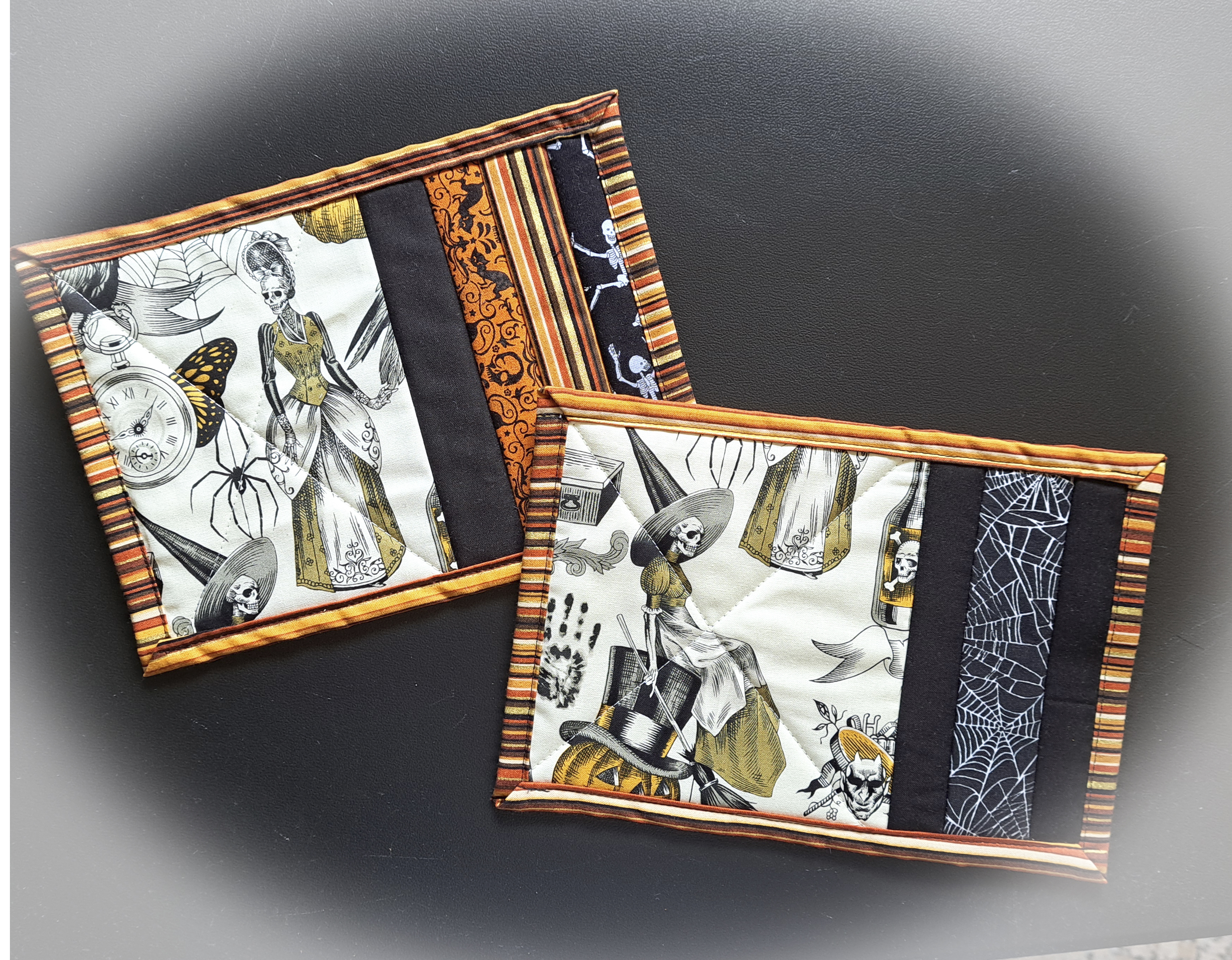 Handcrafted Halloween-Themed Skeleton Witch Quilted Mug Rug - Set of 2