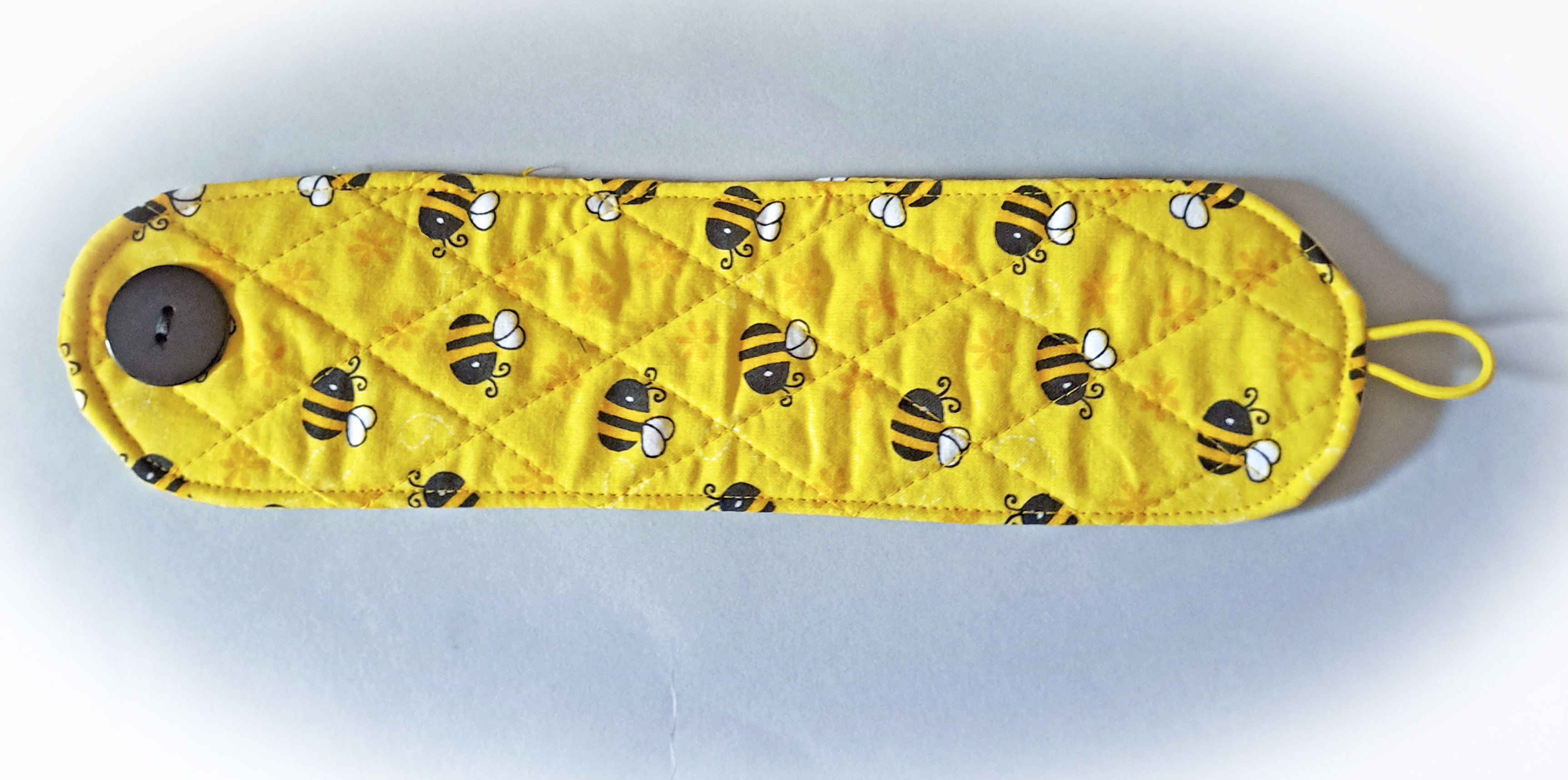 Handmade Reusable Cup Sleeve/Mug Cozy in a Yellow and Black Bee Fabric