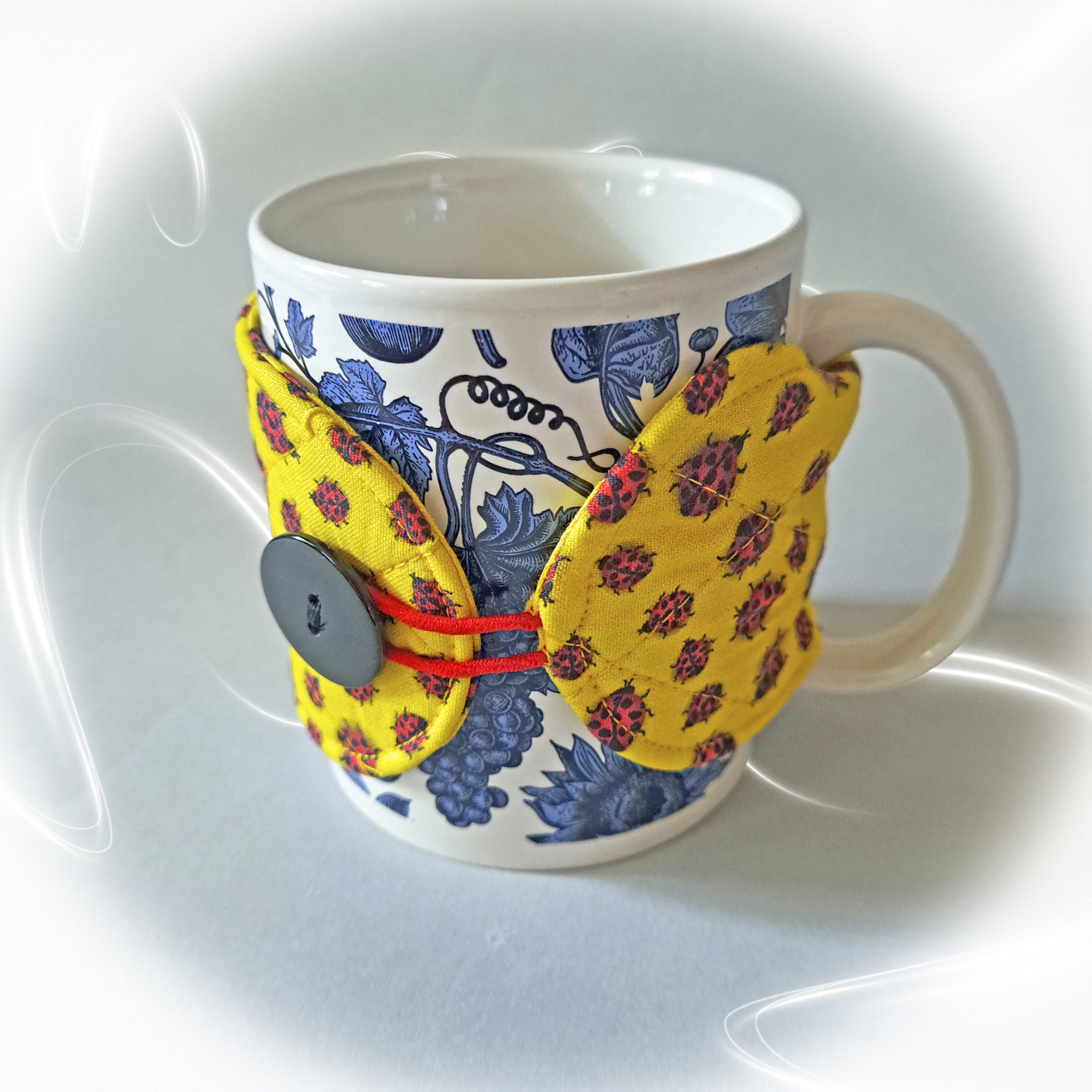 Handmade Reusable Cup Sleeve/Mug Cozy in a Yellow Ladybug Fabric