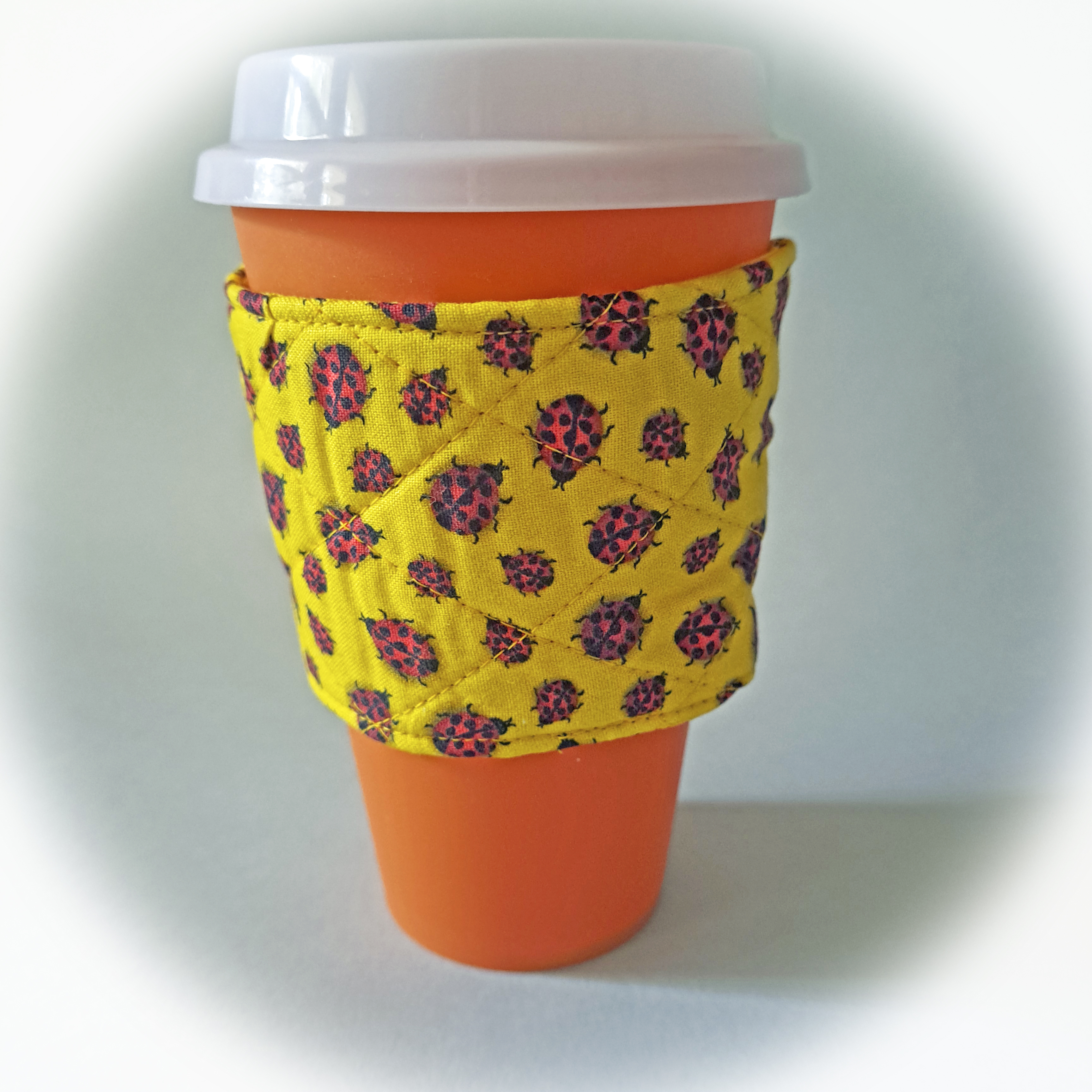 Handmade Reusable Cup Sleeve/Mug Cozy in a Yellow Ladybug Fabric
