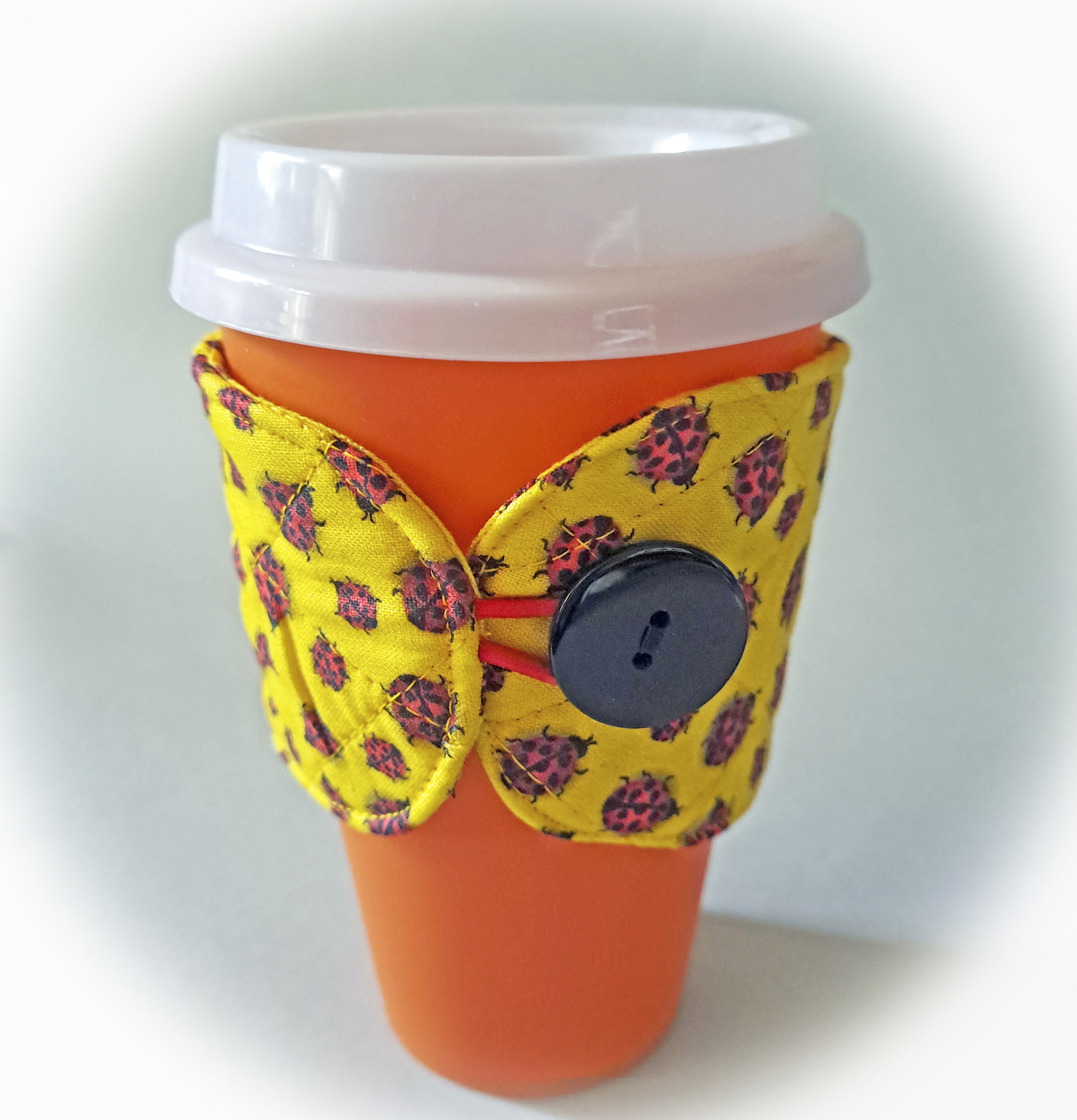 Handmade Reusable Cup Sleeve/Mug Cozy in a Yellow Ladybug Fabric
