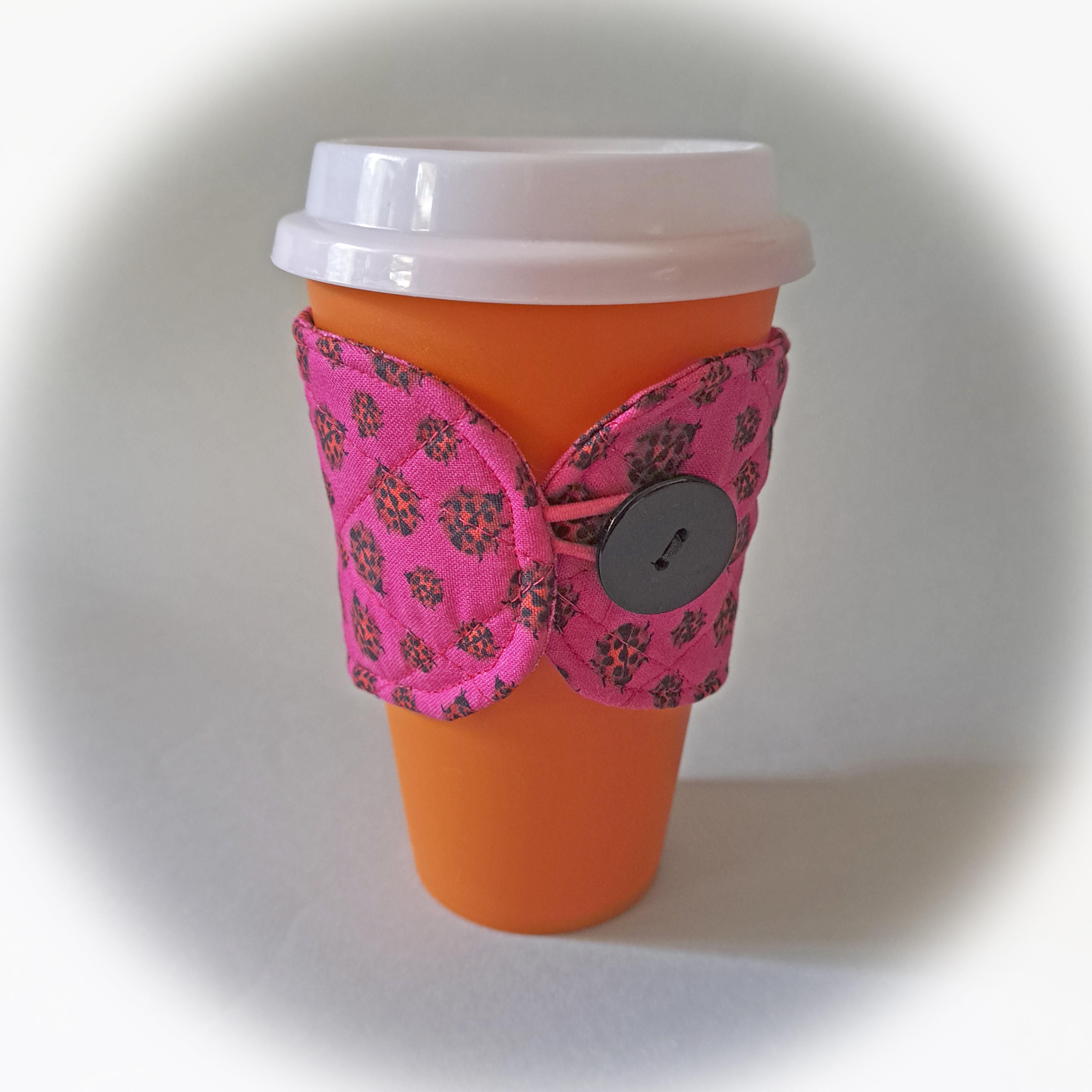 Handmade Reusable Cup Sleeve/Mug Cozy in a Pink Ladybug Fabric