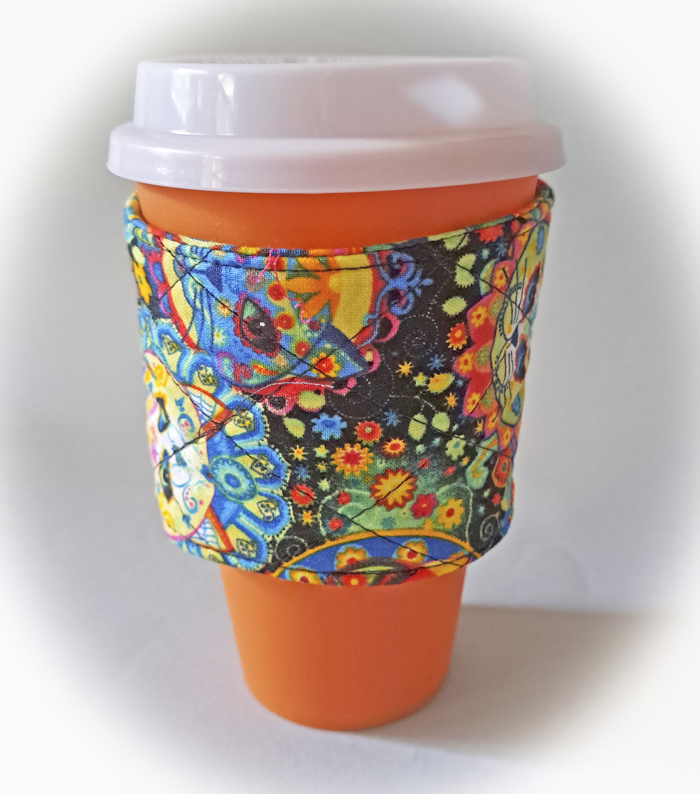 Handmade Reusable Cup Sleeve/Mug Cozy in a Colorful Cats Fabric