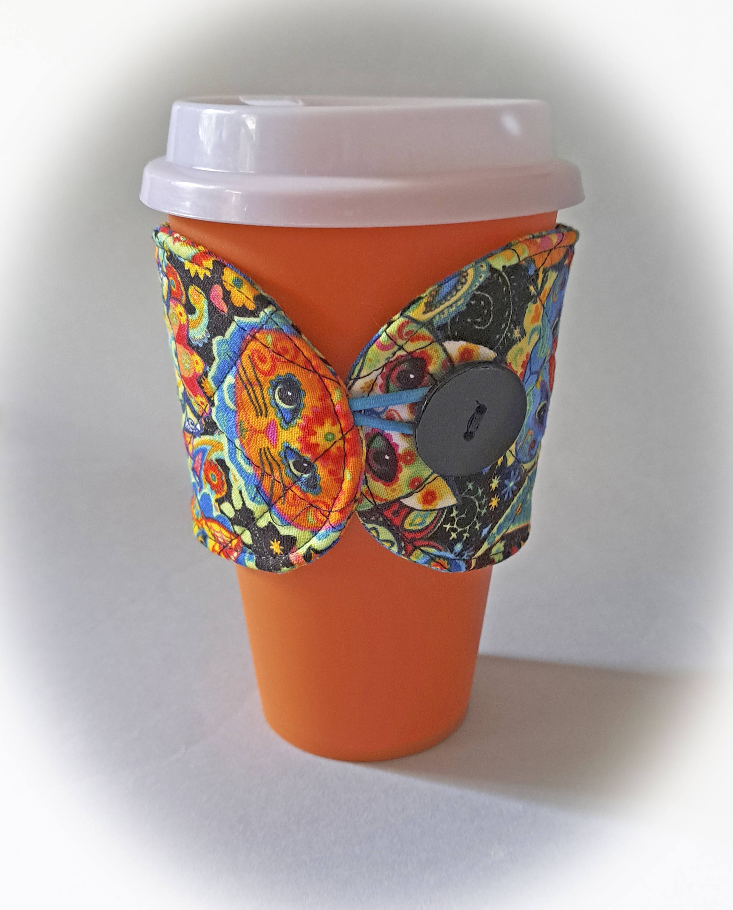Handmade Reusable Cup Sleeve/Mug Cozy in a Colorful Cats Fabric